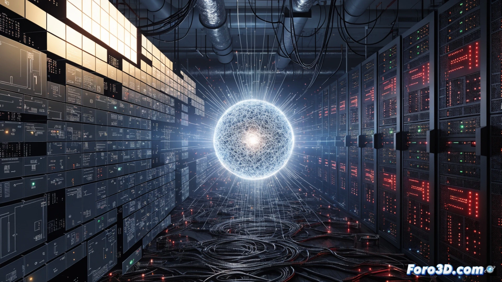 Photorealistic technical illustration of a secure government server room, glowing holographic interface projecting a complex network map with red blinking vulnerability nodes, an AI processing unit emitting a focused beam of light scanning rows of classified servers, human analysts observing from a glass-walled command center, data streams flowing through fiber optic cables, dramatic blue and amber lighting, cinematic engineering visualization, ultra-detailed hardware components, sleek metallic server racks, security cameras monitoring the scene, action of detection process shown through highlighted attack paths on the network diagram