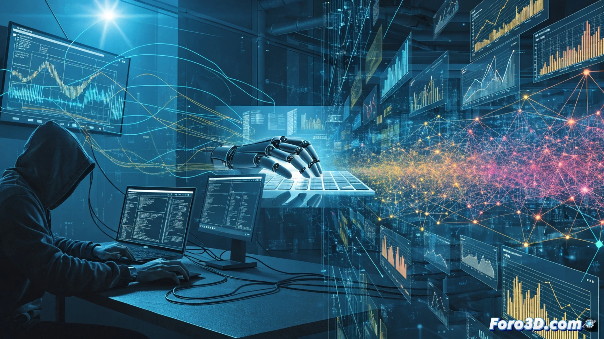 Cinematic photorealistic scene showing a hacker typing on a laptop with glowing Google Gemini interface on screen, while a massive digital spider web made of fake website nodes spreads across a dark server room, each node pulsing red as automated bots generate pages, server racks in background with cascading error logs, network cables glowing with malicious data streams, hooded figure partially illuminated by monitor light, dramatic low-key lighting with blue and amber tones, ultra-detailed hardware components, cyberpunk aesthetic, high contrast shadows, motion blur on data packets flowing through cables, technical visualization of automated fraud process