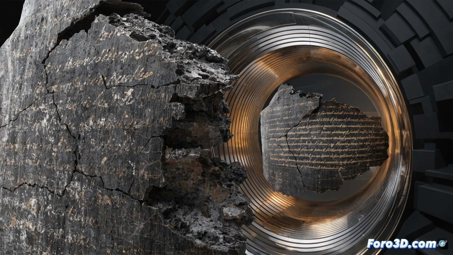 Ancient carbonized papyrus scroll being scanned by synchrotron X-ray beam, fragmented blackened layers peeling apart digitally on holographic monitor displaying AI-reconstructed Greek text fragments, robotic arm holding scroll fragments under precise positioning, scientists in lab coats observing real-time data visualization, glowing particle traces showing photon penetration through carbon layers, technical illustration style, dramatic blue and amber lighting, ultra-detailed scanner components, photorealistic engineering visualization