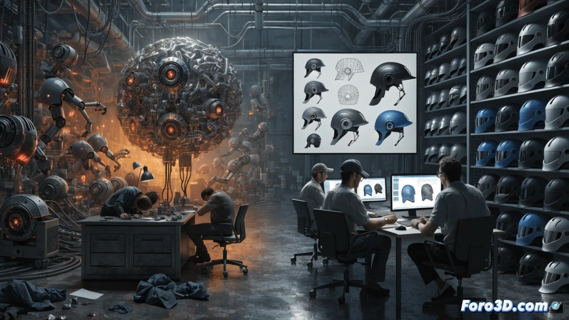 A vacant design office cubicle showing a helmet 3D model on a monitor screen, a human hand half-entering the frame using a mouse to adjust a flawed AI-generated curve, while the empty chair and scattered coffee mug imply the fired designer is gone, photorealistic technical illustration, cold fluorescent overhead lighting, glossy plastic surfaces, wireframe helmet overlay on the display, subtle lens flare on the screen, ultra-detailed keyboard and mouse, melancholic corporate atmosphere, cinematic composition