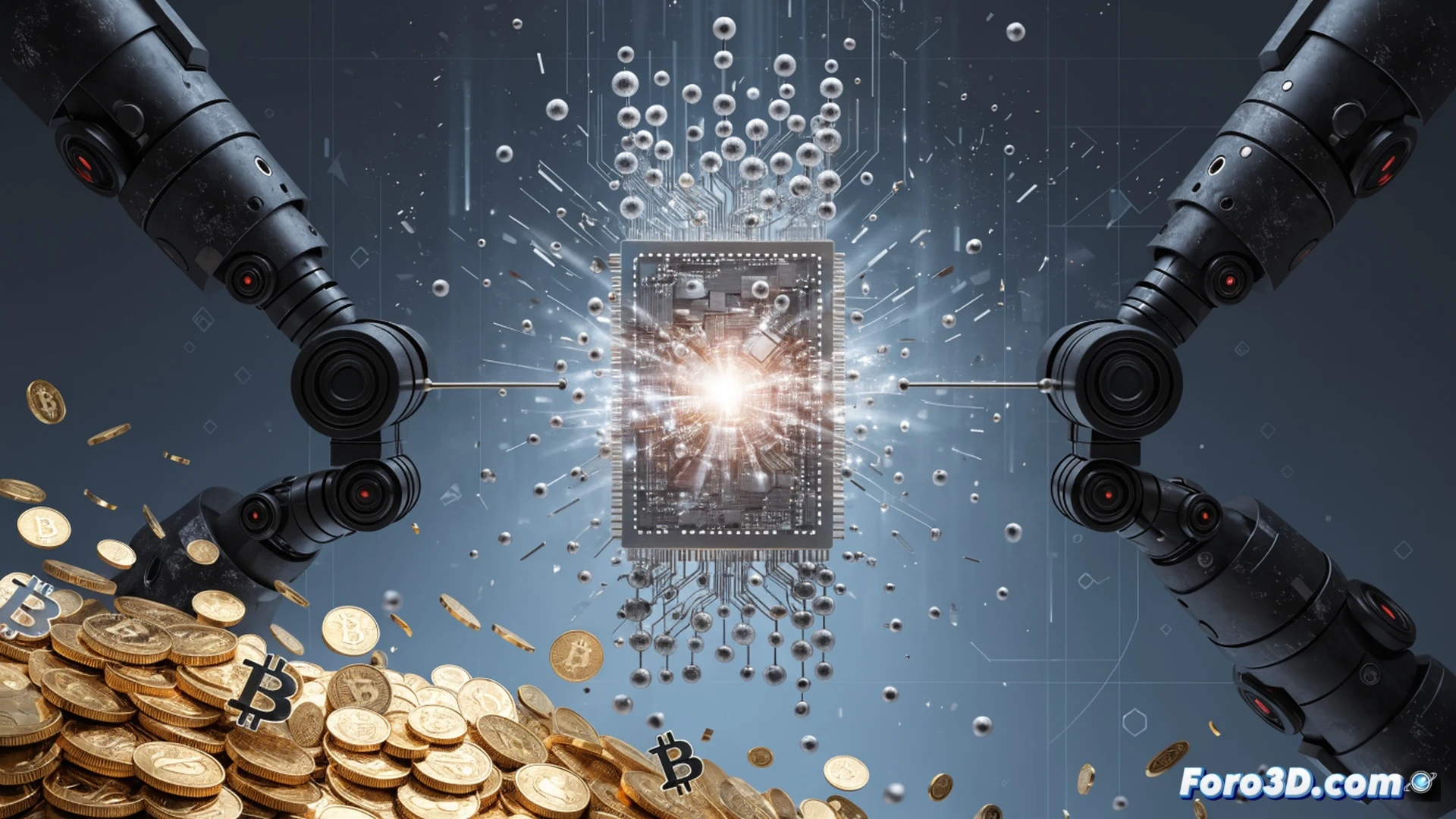 Photorealistic technical scene showing a glowing microchip wafer being assembled by robotic arms in a futuristic cleanroom, while a gold bar and a bitcoin coin lie cracked and dim on a dark reflective surface below. Sparks and data streams arc from the chip toward the decaying assets, demonstrating rapid technological growth overpowering traditional value. Cinematic lighting, blue and orange contrast, ultra-detailed circuit traces, metallic reflections, engineering visualization style.