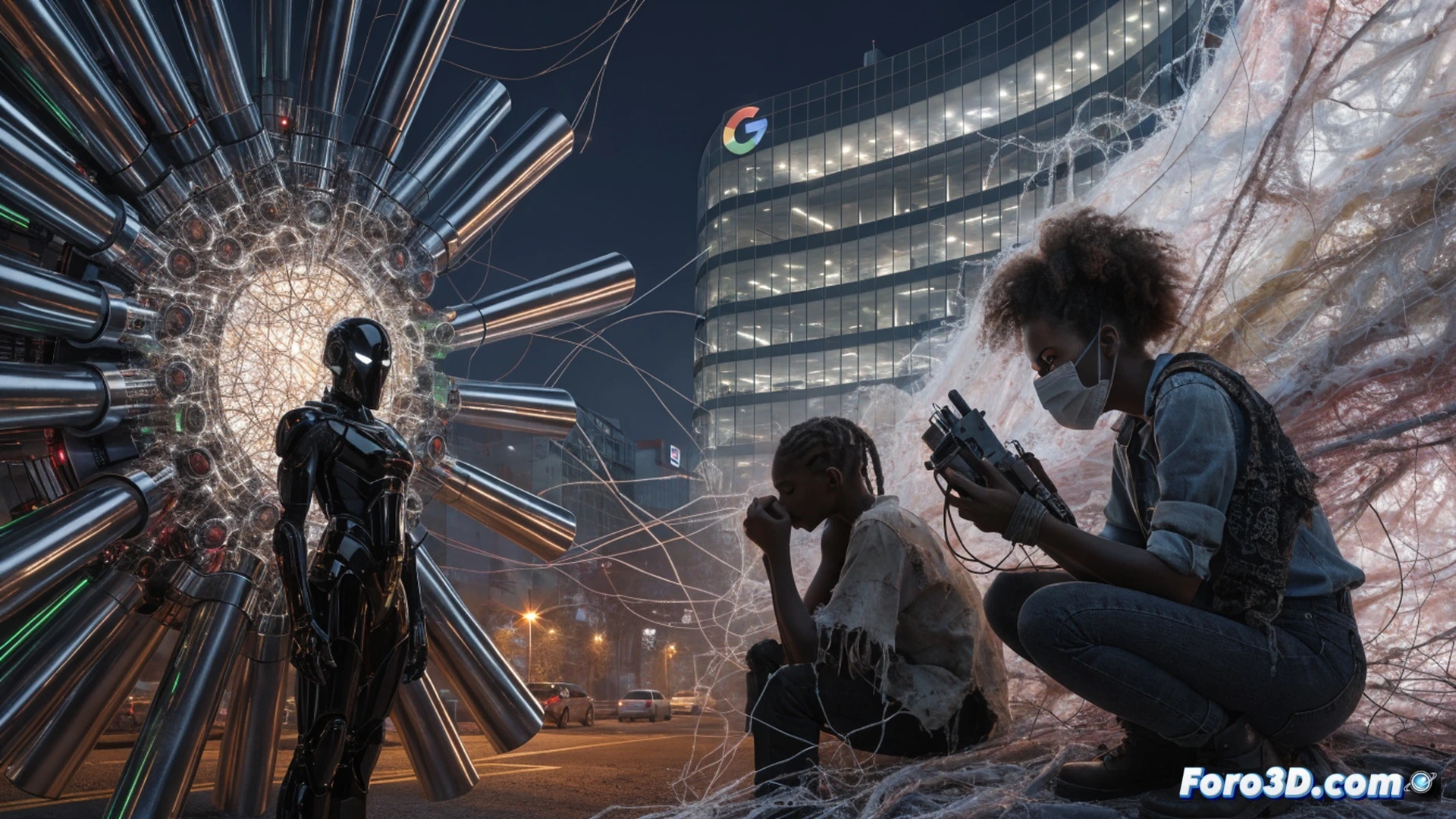 Photorealistic cinematic scene of a human hand being pulled into a glowing digital interface by a robotic arm, while a Google search bar in the background displays a shield icon but remains inactive, showing no protection. A phishing email icon with a broken lock symbol floats nearby, and a faceless figure in a hoodie manipulates code on a laptop, with a victim's silhouette shrinking in the foreground. Dark blue and red neon lighting, ultra-detailed textures, dramatic shadows, technical illustration style, high contrast, 8K render quality, cyberpunk aesthetic, surveillance camera angle.
