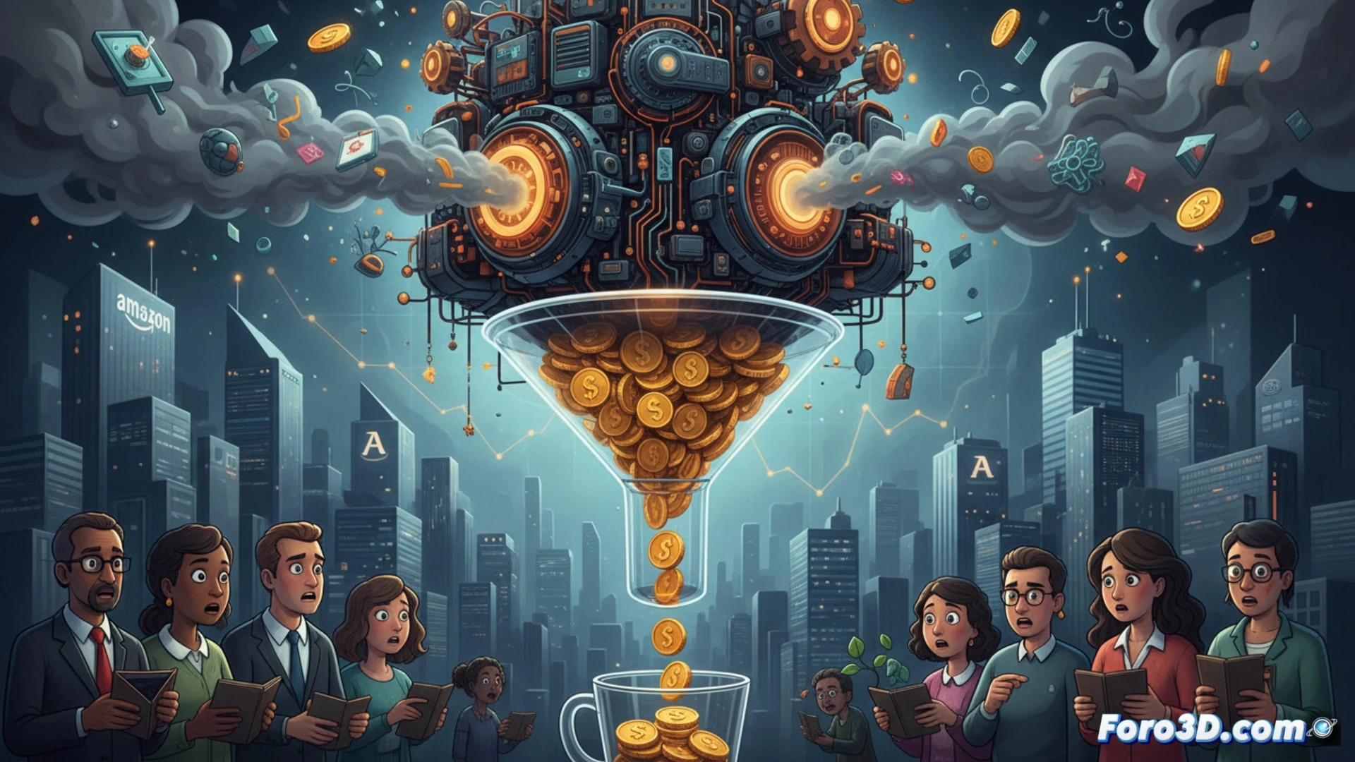 corporate office scene, executives watching a giant holographic dollar bill burning into smoke, 82 cents dissolving into gray vapor while 18 cents fall as solid coins, server racks in background overheating with warning lights, data cables tangled and sparking, employees staring at useless AI dashboards showing zero metrics, smoke rising from broken monitors, cinematic photorealistic industrial lighting, dark blue and orange contrast, tech debris scattered, frustrated gestures, ultra-detailed hardware components, dramatic tension