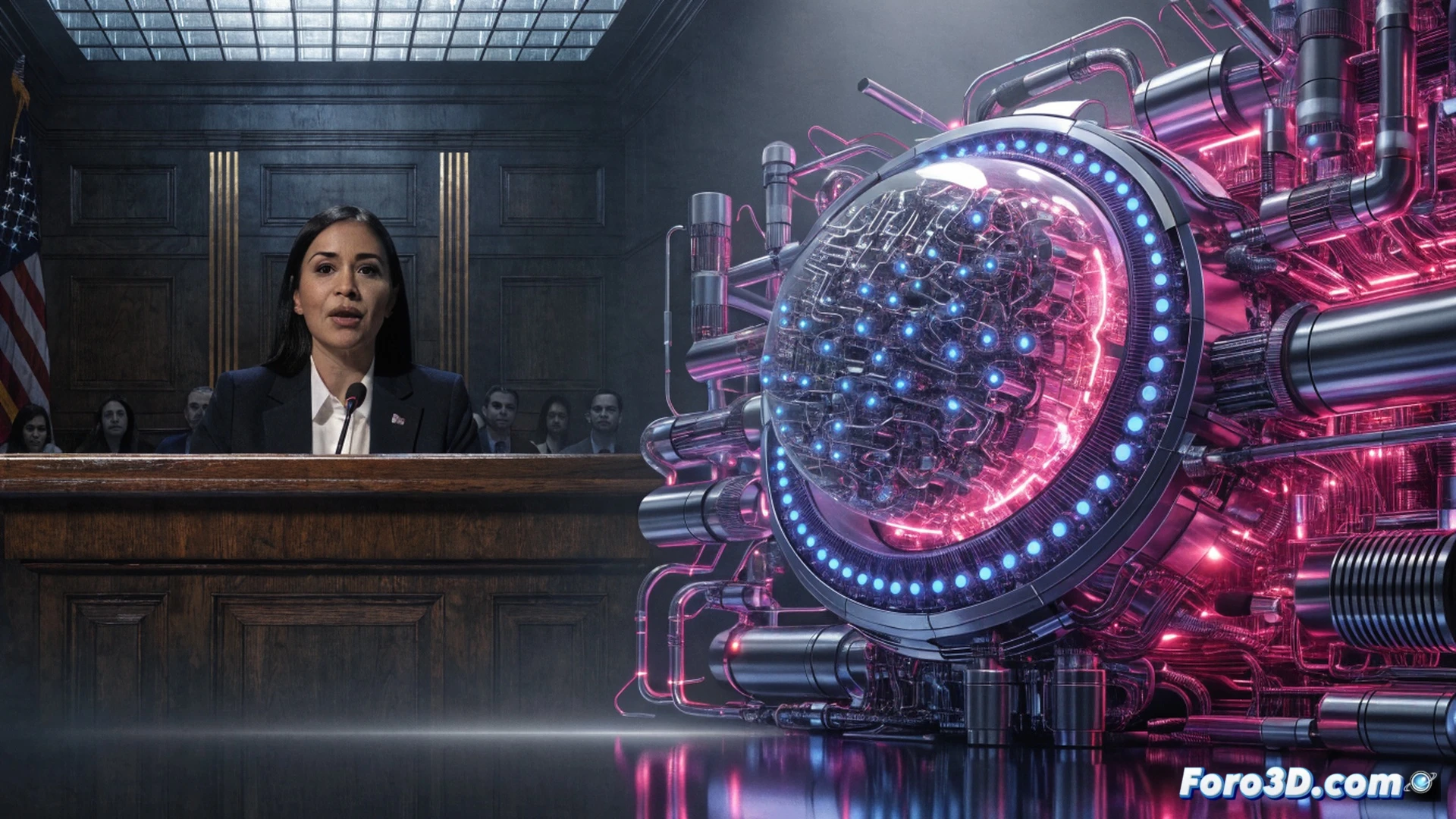Congresswoman Anna Paulina Luna pointing at a laptop screen displaying a legal document editing interface, her assistant gesturing to a Claude AI chat window showing grammar suggestions, while a printed defense amendment lies on a wooden desk, overhead office lighting casting sharp shadows, photorealistic political documentary style, detailed view of keyboard and mouse, American flag visible in background, tense professional atmosphere, realistic textures on papers and screens, cinematic depth of field