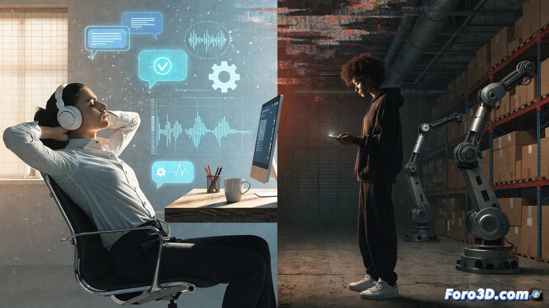office worker sitting at a desk, one hand typing on a keyboard, the other hand being pulled into a glowing holographic interface, floating screens showing automated workflows replacing human tasks, a robot arm assembling documents while a manager smiles in the background, another worker in the corner holding a termination letter, cold blue and harsh orange lighting, cinematic photorealistic style, visible tension in body language, dust particles in light beams, detailed office equipment and cables, ultra-realistic textures on screens and metal surfaces