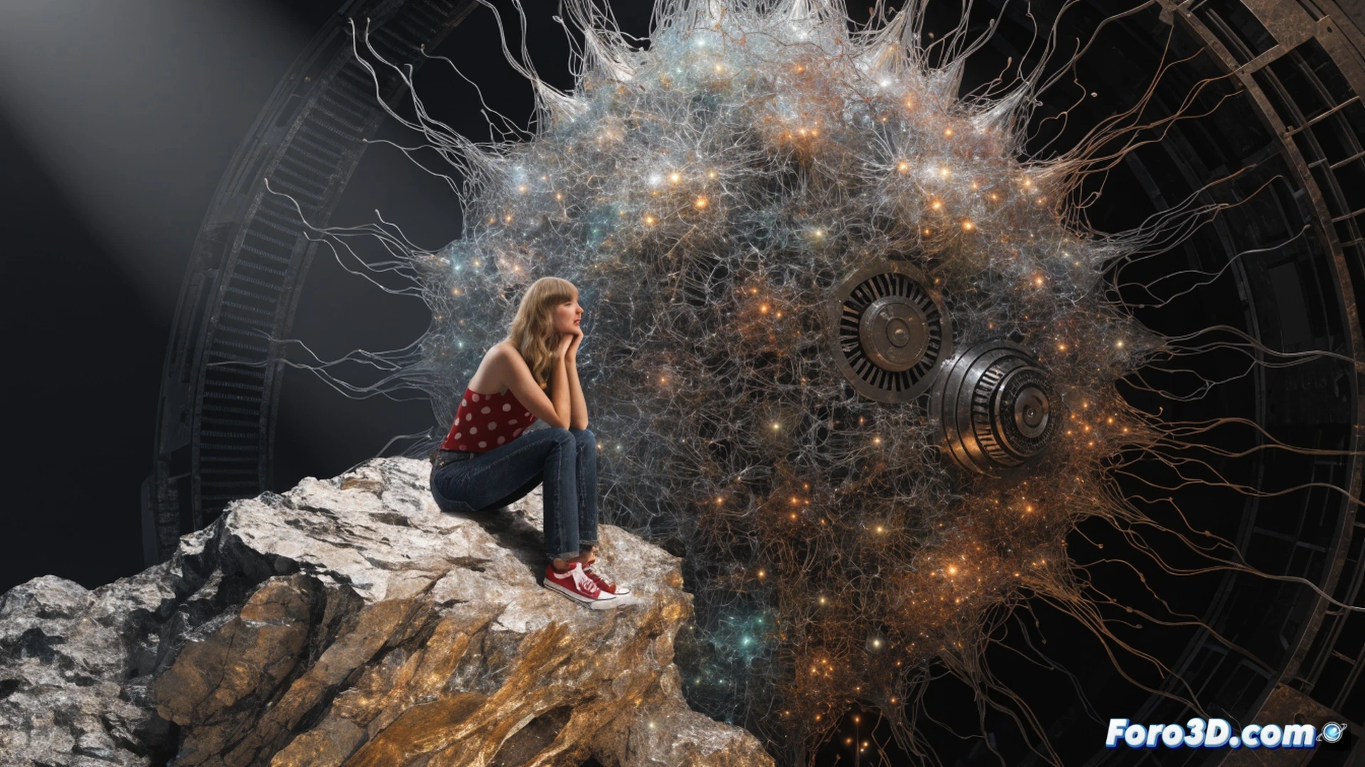Cinematic photorealistic scene showing a glowing neural network brain connected by fiber optic cables to a vintage vinyl record player, Taylor Swift silhouette trapped inside a spinning vinyl disc, robotic fingers extracting musical notes while a digital padlock with 150000 price tag hangs broken on a studio mixing console, binary code streaming from headphones into a server rack, dramatic blue-red lighting contrasting creative art against cold machine processing, hyper-detailed studio environment with sound wave patterns visible on oscilloscope screens, smoke machines adding atmospheric tension, ultra-realistic metallic textures and glass reflections, wide angle perspective emphasizing the conflict between human artistry and algorithmic exploitation