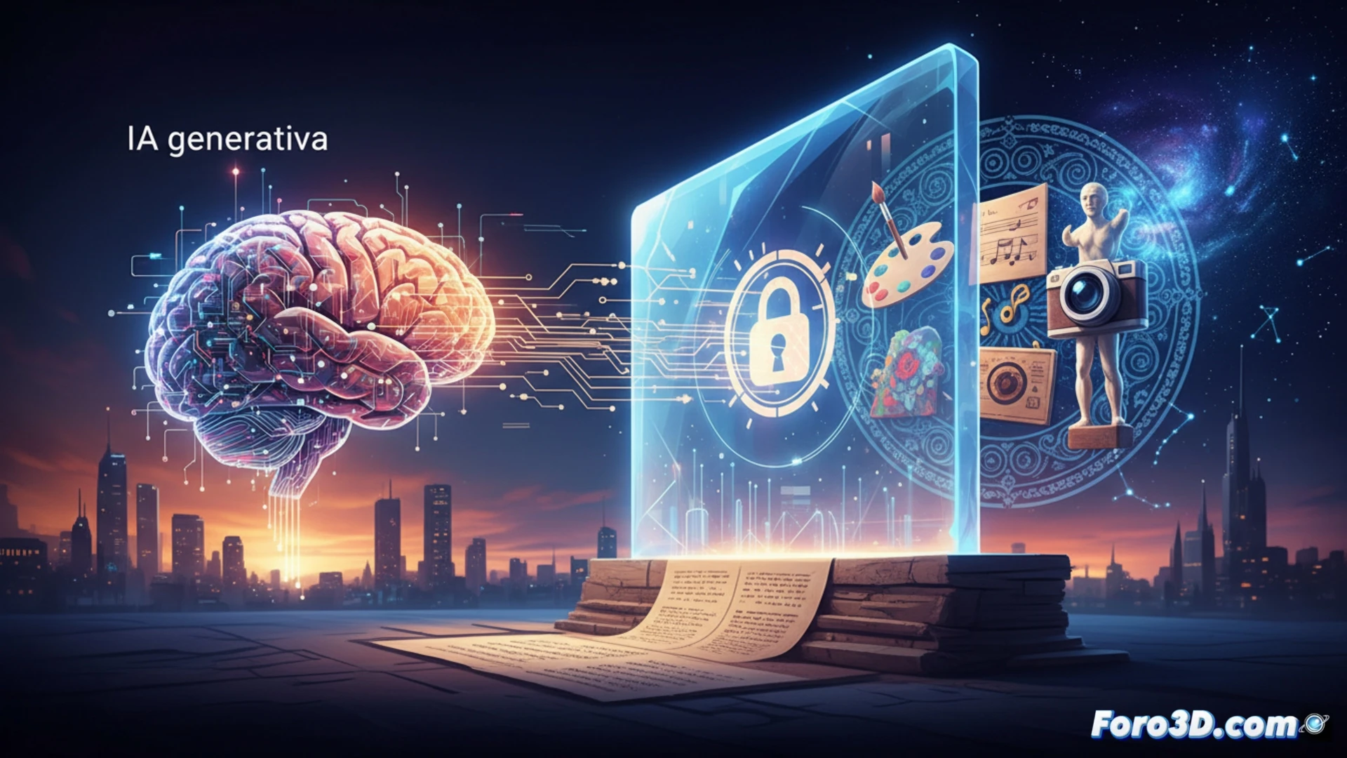 Photorealistic technical illustration of a digital barrier splitting a glowing neural network, robotic hand holding a stylus drawing a red line across a blueprint of copyrighted artworks, shattered data fragments falling into a legal document folder, cinematic lighting, dark blue and red color palette, glowing circuit patterns on the barrier, detailed mechanical fingers, translucent holographic copyright symbols dissolving into particles, ultra-realistic metal textures, dramatic shadows, engineering visualization style