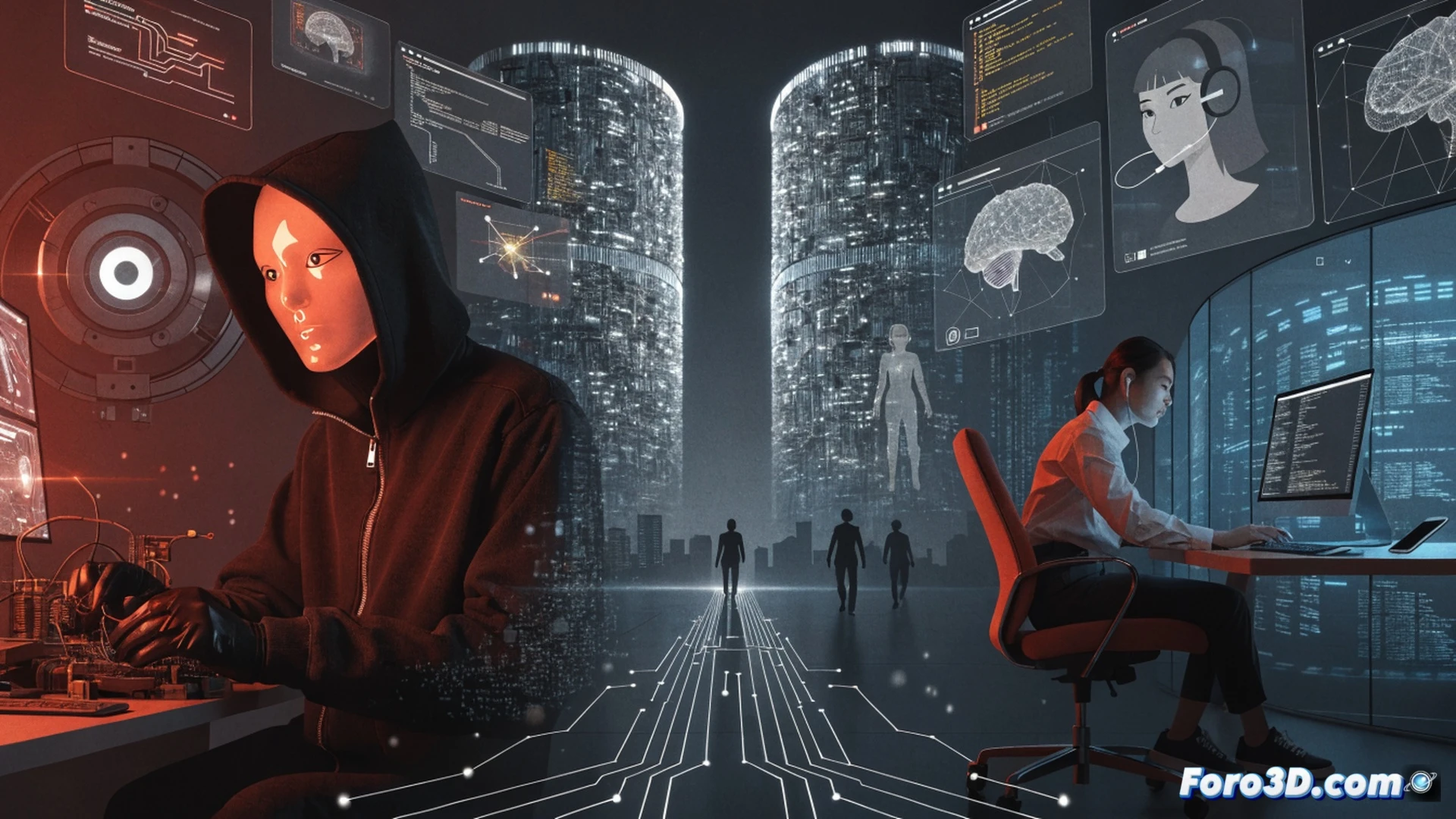 photorealistic cinematic scene of a dark Asian cybercrime control room, multiple glowing monitor screens displaying deepfake video generation software and phishing email templates, a young victim typing personal data on a laptop while a deepfake video call of a bank official shows on another screen, network traffic lines flowing from Asia map into a central server cluster, red alert warning symbols flickering on holographic Interpol interface, dramatic blue and red lighting, ultra-detailed hardware components, technical illustration style