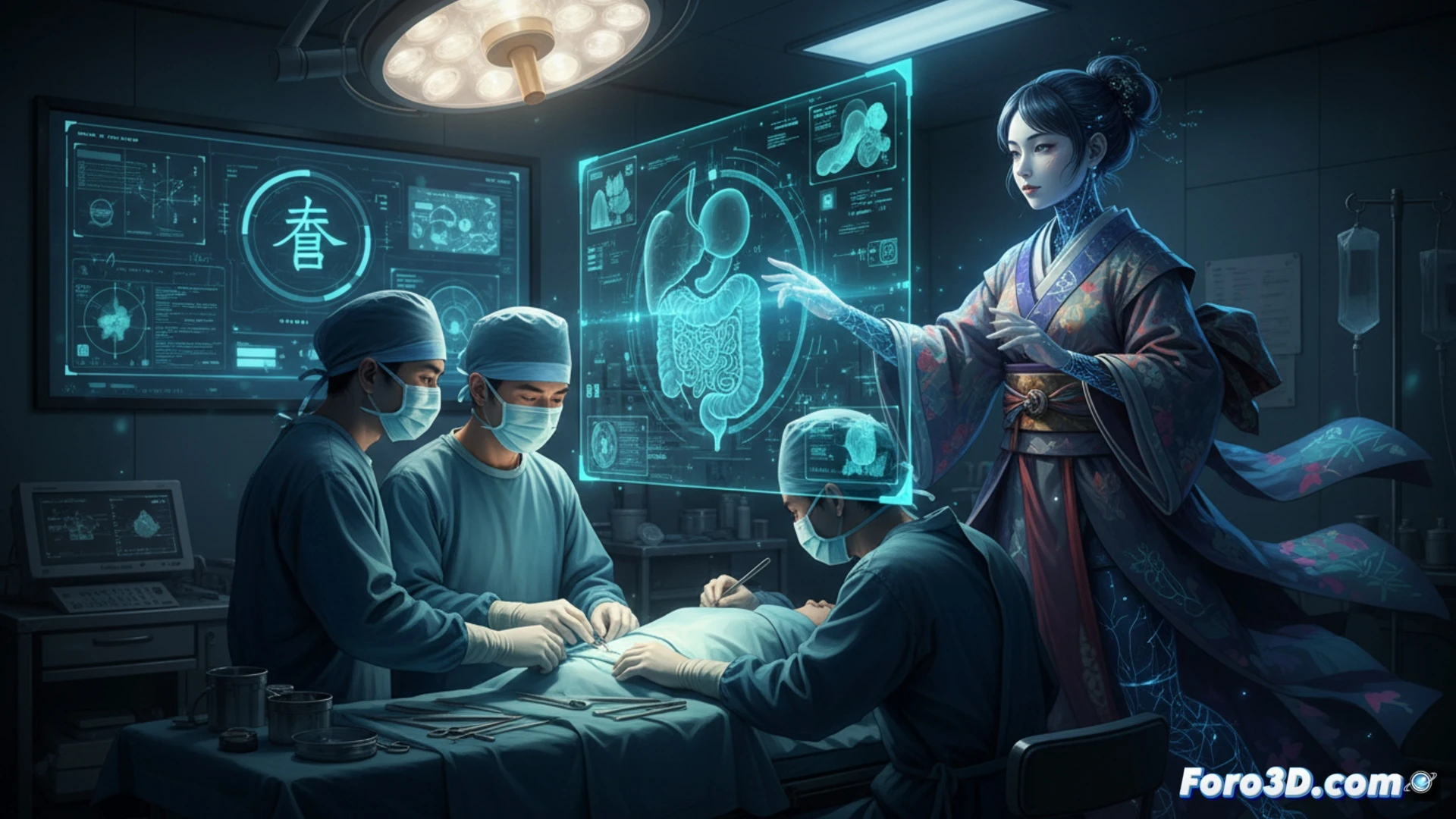 Real-time surgical AI system displaying transparent 3D organ map with glowing blood vessels overlaid on patient during operation, robotic arms projecting holographic step-by-step guidance onto surgeon’s field of view, Japanese medical team observing high-resolution monitors showing live vessel tracking, sterile operating room, blue LED lighting, sleek futuristic hardware interface, cinematic photorealistic technical visualization, dynamic data streams flowing around organ model, precise hand gestures near holographic controls, ultra-detailed medical instruments, dramatic high-contrast illumination, sharp focus on interactive anatomy mapping process