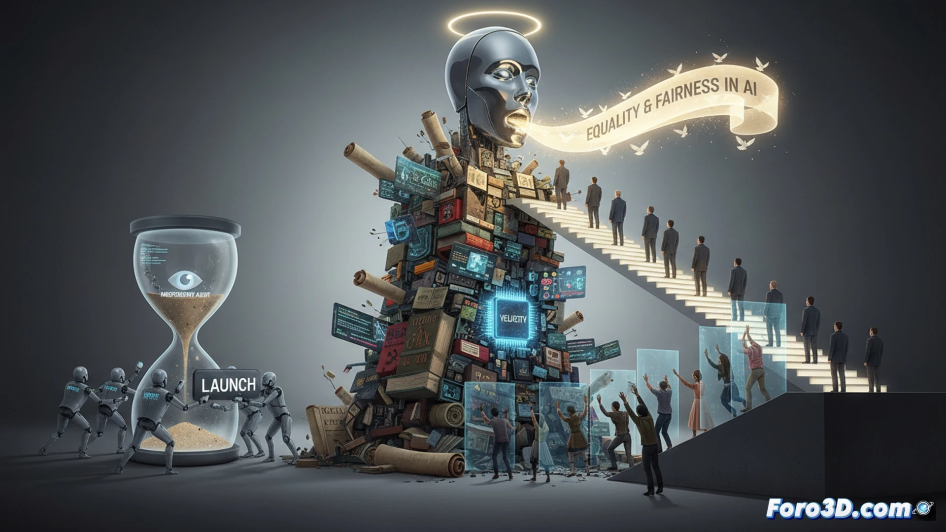photorealistic technical illustration showing a government official and a tech executive shaking hands in front of a large glowing AI interface, while behind them a cracked data server exposes historical records with skewed demographic data, a magnifying glass hovering over biased algorithms, binary code flowing unevenly, a warning audit seal being stamped on a circuit board, dramatic side lighting, metallic and digital textures, cinematic engineering visualization, contrasting polished exterior versus exposed flawed hardware