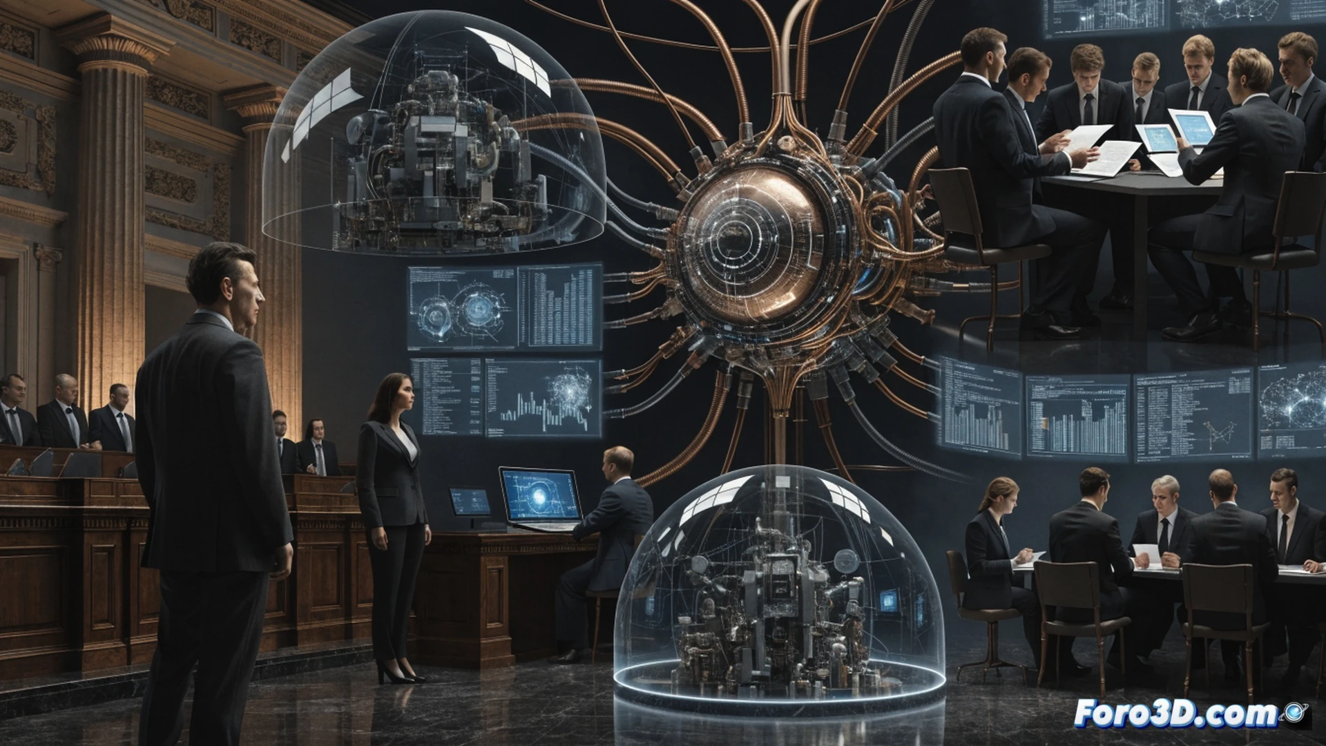 legislative chamber interior, holographic AI interface projecting opaque legal text onto a marble desk, a politician's hand pressing a button labeled approval while citizens protest outside glass walls, glowing server racks in shadows behind the speaker, data streams flowing into a black box labeled classified, photorealistic technical illustration, dramatic chiaroscuro lighting, metallic surfaces reflecting distorted code, tension between transparency and secrecy, cinematic wide-angle shot, ultra-detailed textures on leather chairs and digital screens, no visible text or numbers