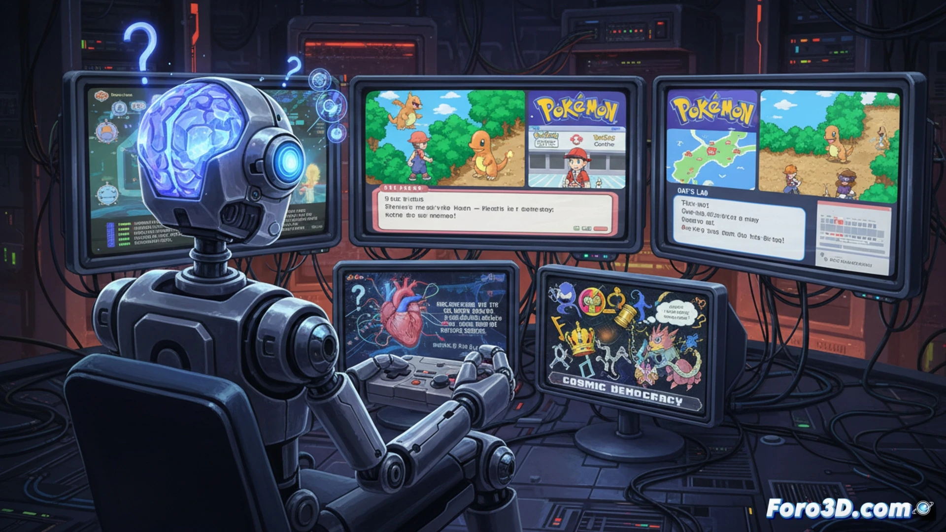 vintage Game Boy Advance screen showing Pokémon battle scene, Charizard using Flamethrower attack, digital data streams visible along screen edges, AI neural network nodes glowing faintly around the device, split screen effect with right side showing hallucinated political news headlines dissolving into static, glitch artifacts corrupting the bottom of the screen, hands-free setup with camera arm recording the screen, keyboard and monitor in background displaying Python code and terminal logs, cinematic technical illustration, neon blue and red lighting, photorealistic engineering visualization, motion blur on attack animation, glowing error particles spreading from the corrupted area, ultra-detailed hardware textures