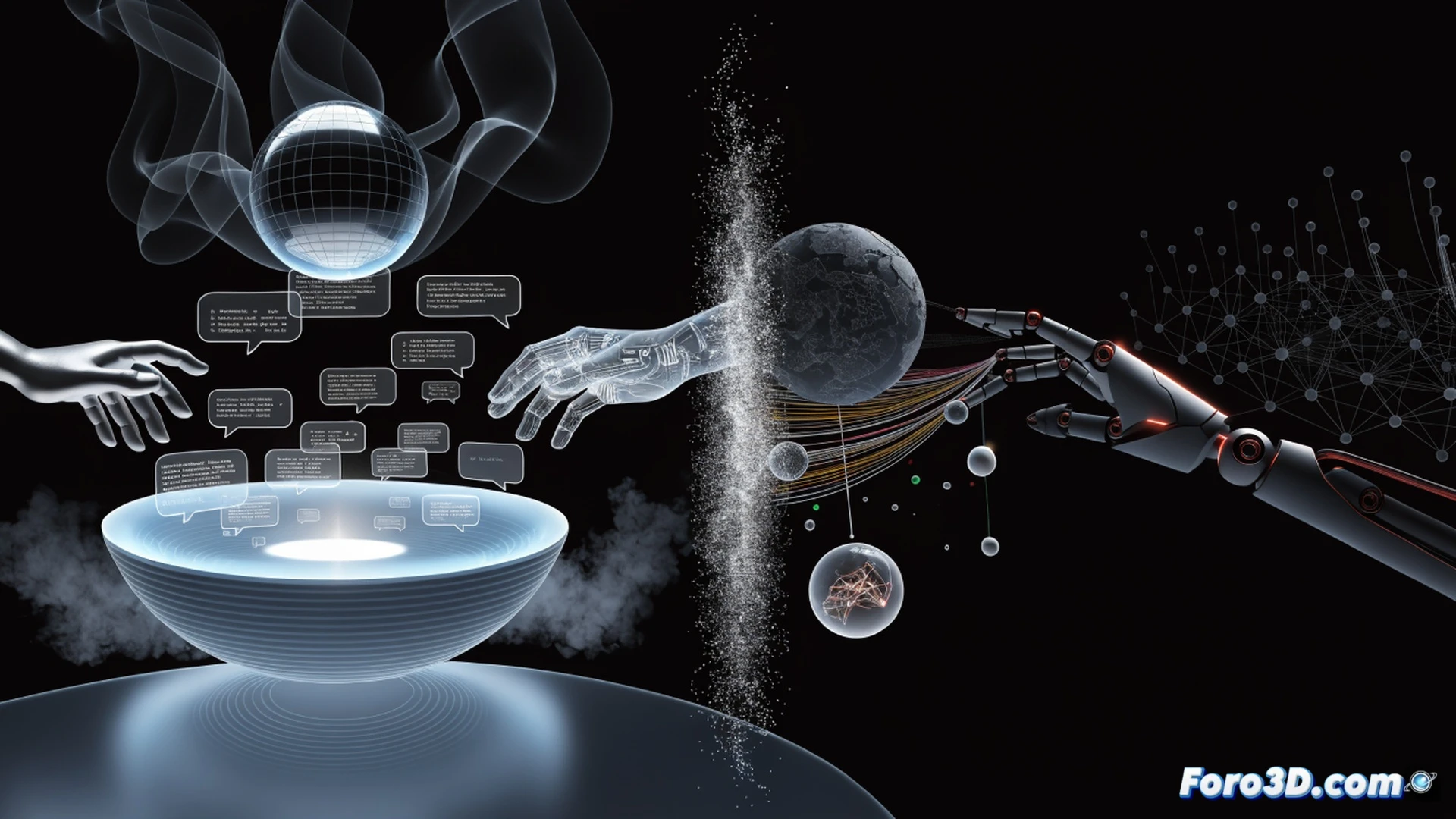 Professional technical illustration showing an AI dashboard interface with three distinct sections: cybersecurity firewall monitoring live network traffic, a hotel booking assistant chatbot interacting with a guest avatar, and a news translation platform converting Spanish text to Valencian with human editor approval icons. A glowing central hub labeled ALIA connects these systems. Cinematic engineering visualization, blue and orange neon lighting, holographic data streams flowing between modules, photorealistic render with glassmorphism UI elements, floating digital particles, clean futuristic workspace atmosphere, ultra-detailed hardware server racks in background, dramatic rim lighting on metallic surfaces.