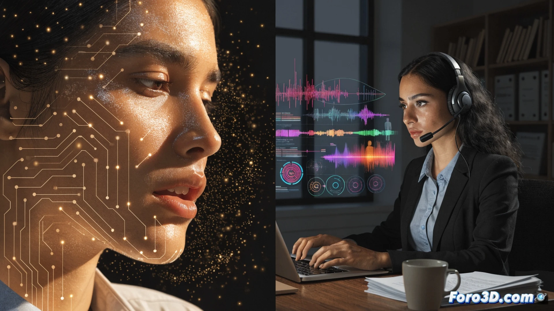 photorealistic scene of a job interview room, a female candidate with subtle facial tension and crossed arms being scanned by a transparent holographic interface displaying real-time emotion detection data, floating wireframe facial markers tracking micro-expressions, a voice waveform analyzer glowing beside her, a sleek laptop running NiCE-style software on the desk, a recruiter observing the screen showing stress indicators, soft blue ambient light from the holograms, technical illustration style, ultra-detailed sensors and UI elements, cinematic depth of field