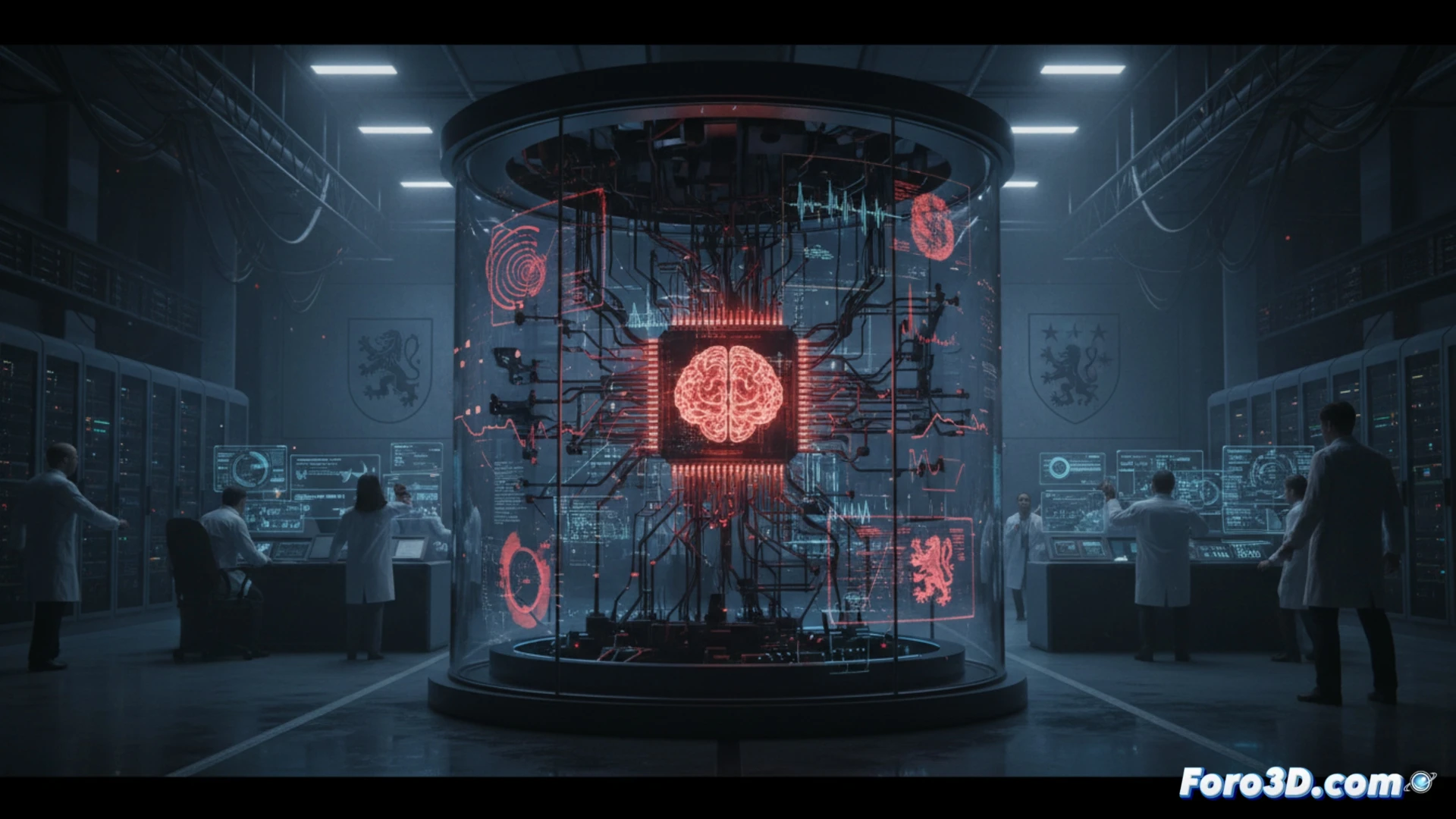 Photorealistic technical illustration of a humanoid robot hand pressing against a transparent digital barrier, glowing neural network patterns pulsing inside its translucent chest cavity, monitoring screens showing brainwave-like spikes and fear response graphs in background, laboratory setting with sterile white walls, robotic arm holding a sensor near the robot head, red warning lights casting dramatic shadows, cables and diagnostic equipment visible, action of robot recoiling slightly from a simulated threat, cinematic lighting with high contrast, ultra-detailed metallic textures, engineering visualization style