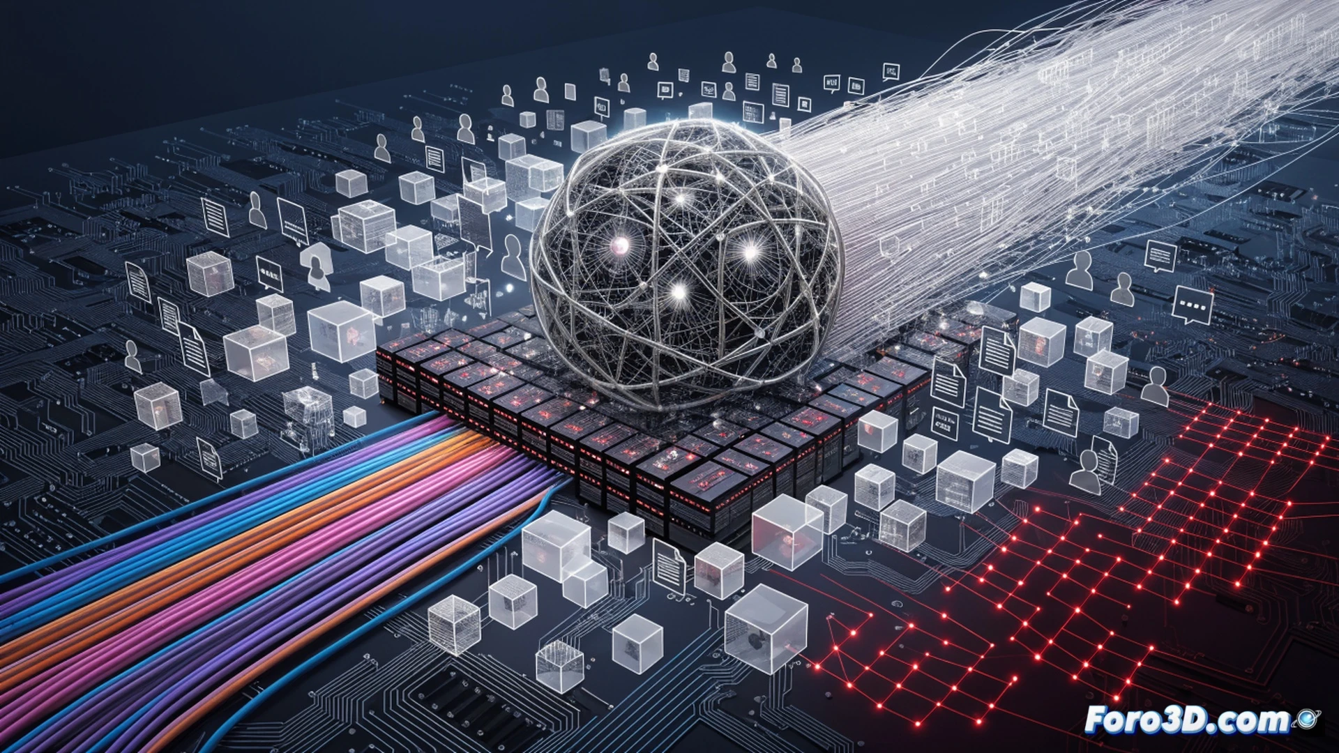 Photorealistic cinematic scene showing a massive glowing neural network brain composed of floating book pages, music notes, and digital icons, being pierced by a swarm of red legal document arrows labeled with copyright symbols, while robotic hands from OpenAI, Google, and Meta logos reach into the data stream without permission, courtroom gavel hovering in background, dramatic shadows, blue and red lighting contrast, ultra-detailed technical illustration style, high-contrast volumetric lighting, 8k render