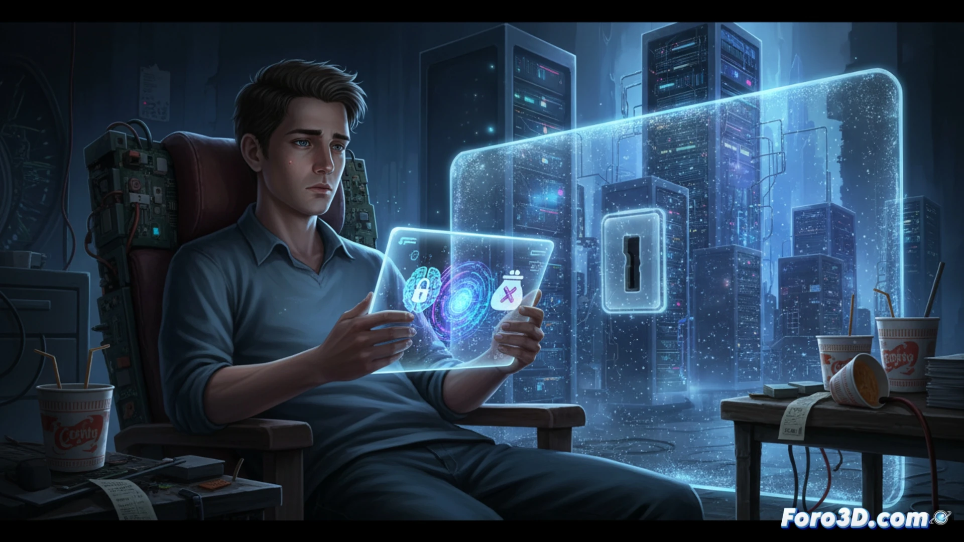 young unemployed graduate sitting at a cluttered desk, laptop screen showing a ChatGPT subscription payment error notification, empty wallet beside a smartphone with a Midjourney app icon grayed out, hand hesitating over a credit card, dim room lit only by monitor glow, discarded resume papers on floor, photorealistic cinematic style, moody blue-gray color palette, shallow depth of field, dust particles floating in light beam, emotional tension, hyper-detailed textures on keyboard and plastic card, realistic skin pores and fabric wrinkles, 8K technical render