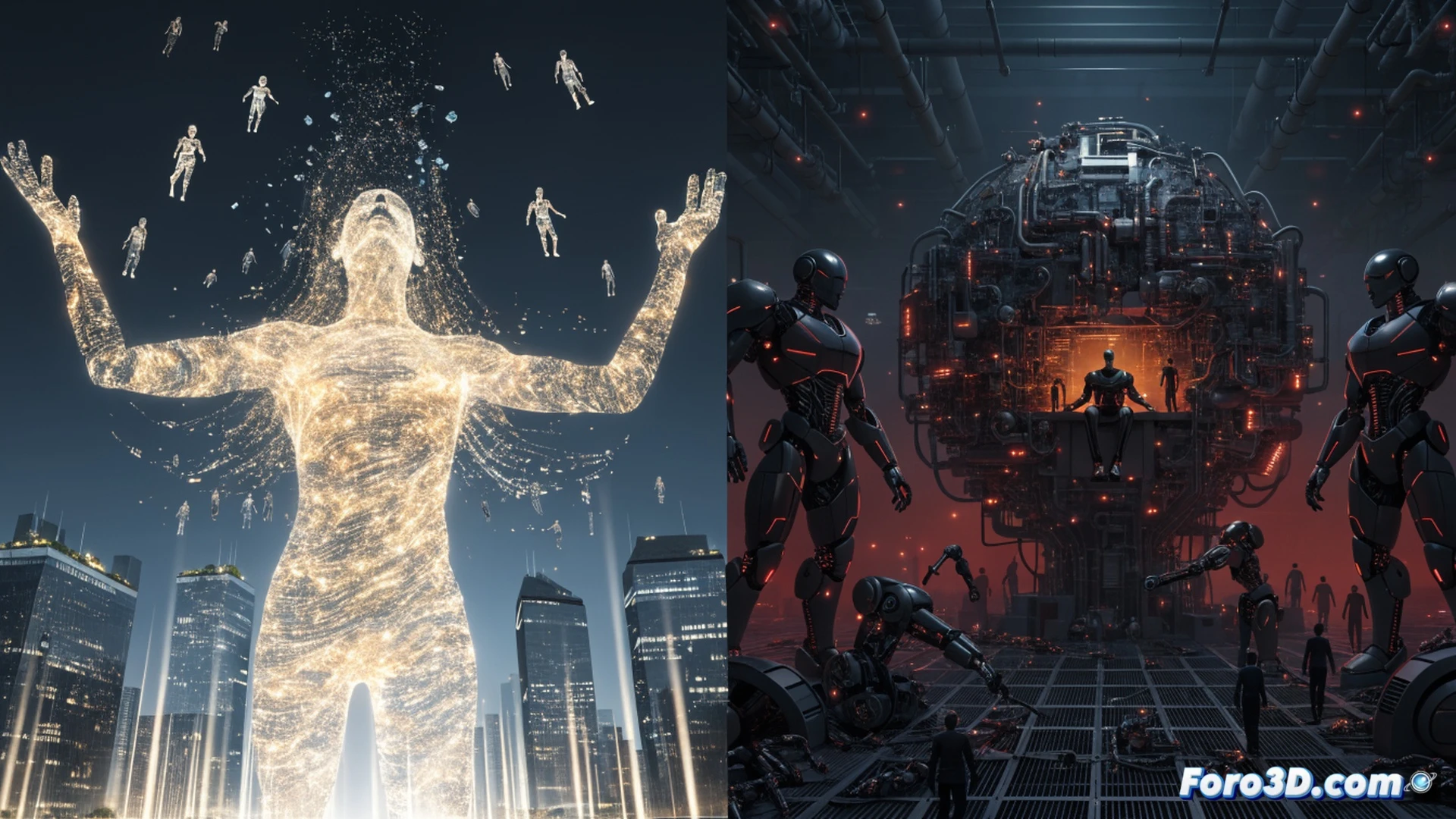 Cinematic photorealistic scene: a massive corporate boardroom table shaped like a glowing AI brain, with dozens of faceless executives in suits pulling invisible puppet strings connected to a crashing wave of human silhouettes. Below, workers in orange vests sit at obsolete computer terminals, screens displaying spinning loading wheels and error icons, while a government official hands out empty course certificates. The wave of AI code cascades over them, scattering broken tools and keyboards. Dark blue and grey lighting, metallic reflections, dramatic shadows, ultra-detailed textures, dystopian corporate aesthetic.