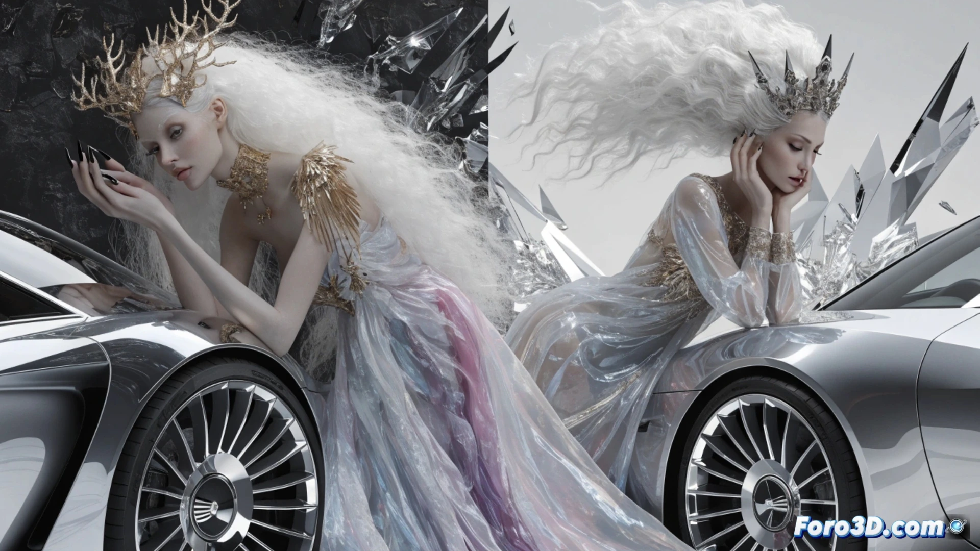 Photorealistic technical scene of a car showroom display, a glossy red sedan illuminated by soft studio lights, a transparent holographic woman figure generated by AI floating beside the vehicle, her image flickering with digital grid lines and pixel artifacts, a laptop showing 3D rendering software with wireframe model on the hood, while a male engineer holds a tablet displaying realistic car specs, his expression skeptical, the woman figure's hand touching the car door but fingers passing through metal, revealing the illusion, dramatic shadows cast across concrete floor, subtle reflection of empty driver seat in window, engineering visualization style, ultra-detailed automotive surfaces, sterile exhibition lighting.