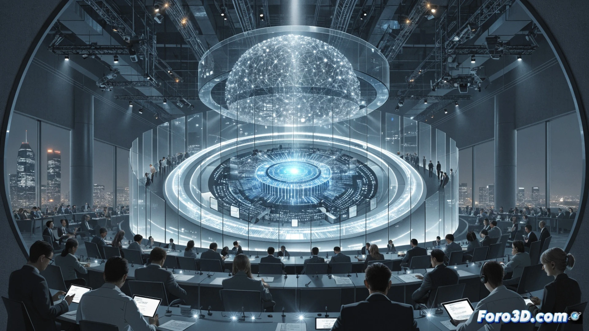 business leaders and engineers gathered around a holographic quantum computing interface, glowing circuit pathways floating above a polished conference table, AI neural network visualizations projected in mid-air while attendees gesture toward real-time economic data streams, modern convention center interior with floor-to-ceiling windows overlooking Dalian skyline, technical illustration style, cool blue and cyan lighting, clean minimalist architecture, holographic elements showing stock market graphs and quantum particle simulations, photorealistic engineering visualization, sharp focus on interactive holographic display, shallow depth of field blurring background crowd
