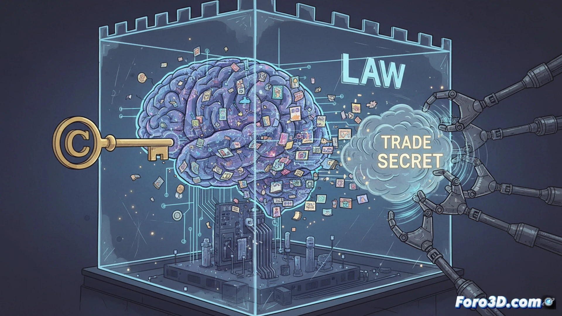 Photorealistic cinematic scene of a courtroom gavel mid-strike on a sound block, fractured pixels scattering from the impact like shattered data, while behind it a massive transparent server rack glows with hidden binary streams, a lawyer figure points accusingly at a blurred AI interface showing a locked book icon, the judge’s bench has a broken scale of justice, one pan empty, the other overflowing with tangled code, dramatic chiaroscuro lighting, smoke-like wisps of confidential documents rising from a locked filing cabinet, ultra-detailed wood grain, metallic reflections on gavel, technical illustration style, motion blur on falling gavel, glowing circuit traces on the floor