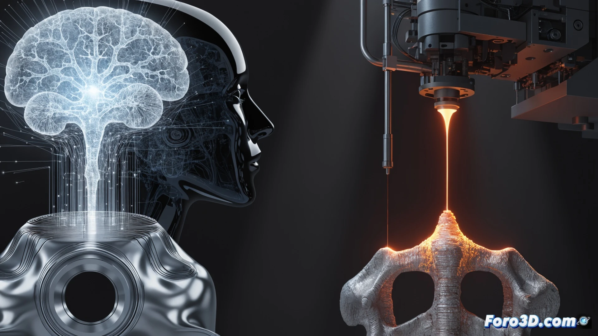 industrial robotic arm positioning a glowing metal impeller inside a 3D printer build chamber, laser sintering head depositing metallic powder layer by layer, holographic AI interface hovering above showing real-time stress analysis and defect prediction graphs, molten metal particles mid-air during fusion, cinematic engineering visualization, photorealistic metallic textures, warm amber light from heated print bed contrasting with cool blue holograms, ultra-detailed mechanical components, motion blur on moving printer head, technical illustration style with clean geometric overlays