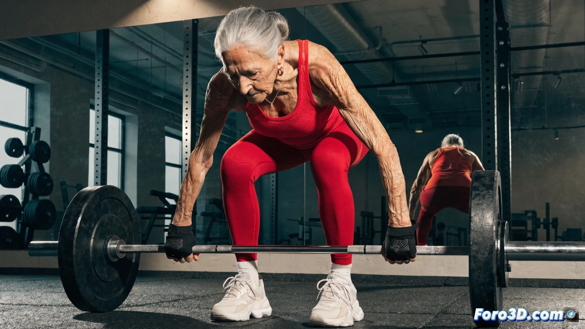 89-year-old woman in a gym performing a deadlift with a 30 kg barbell, demonstrating proper lifting form with engaged core and straight back, gym equipment in background including weight racks and resistance bands, bright natural lighting from windows, sweat visible on skin showing effort, photorealistic fitness photography style, dynamic action shot capturing the moment of maximum lift, motion blur on weights, metallic barbell texture, rubber floor mats, dramatic shadows emphasizing muscle definition, inspirational athletic atmosphere, ultra-detailed skin texture and fabric folds