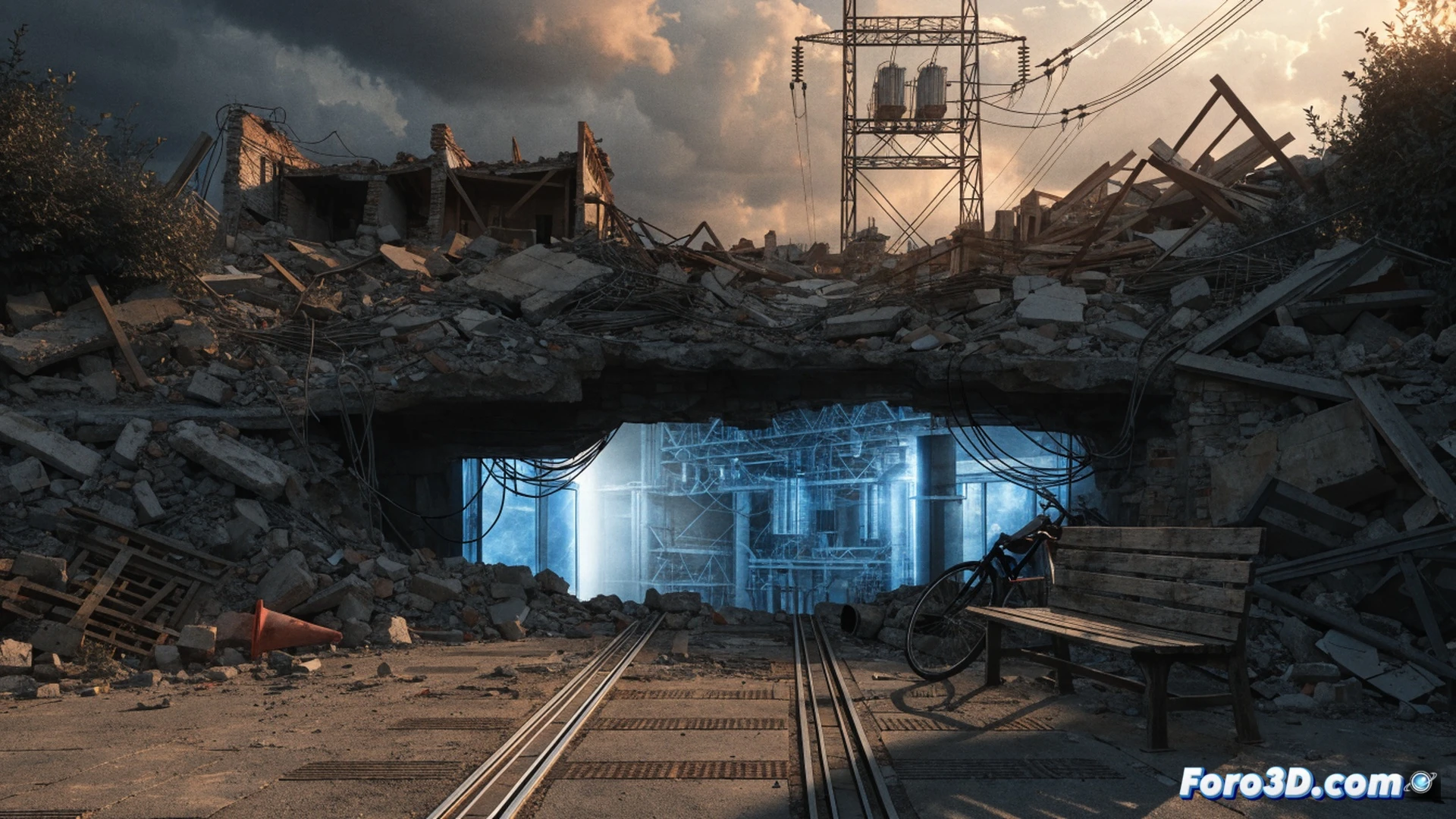 Aerial view of a flooded industrial zone after a storm, a single gleaming corporate rescue vehicle with Iberdrola branding repairing a broken electrical substation, while nearby a collapsed public administration building remains dark and abandoned, workers in orange safety gear installing high-voltage cables and transformers, muddy water receding around technical equipment, contrast between private efficiency and public neglect, cinematic photorealistic style, dramatic overcast sky, reflections in floodwater, ultra-detailed engineering components, industrial lighting from vehicle headlights, realistic textures of mud and metal