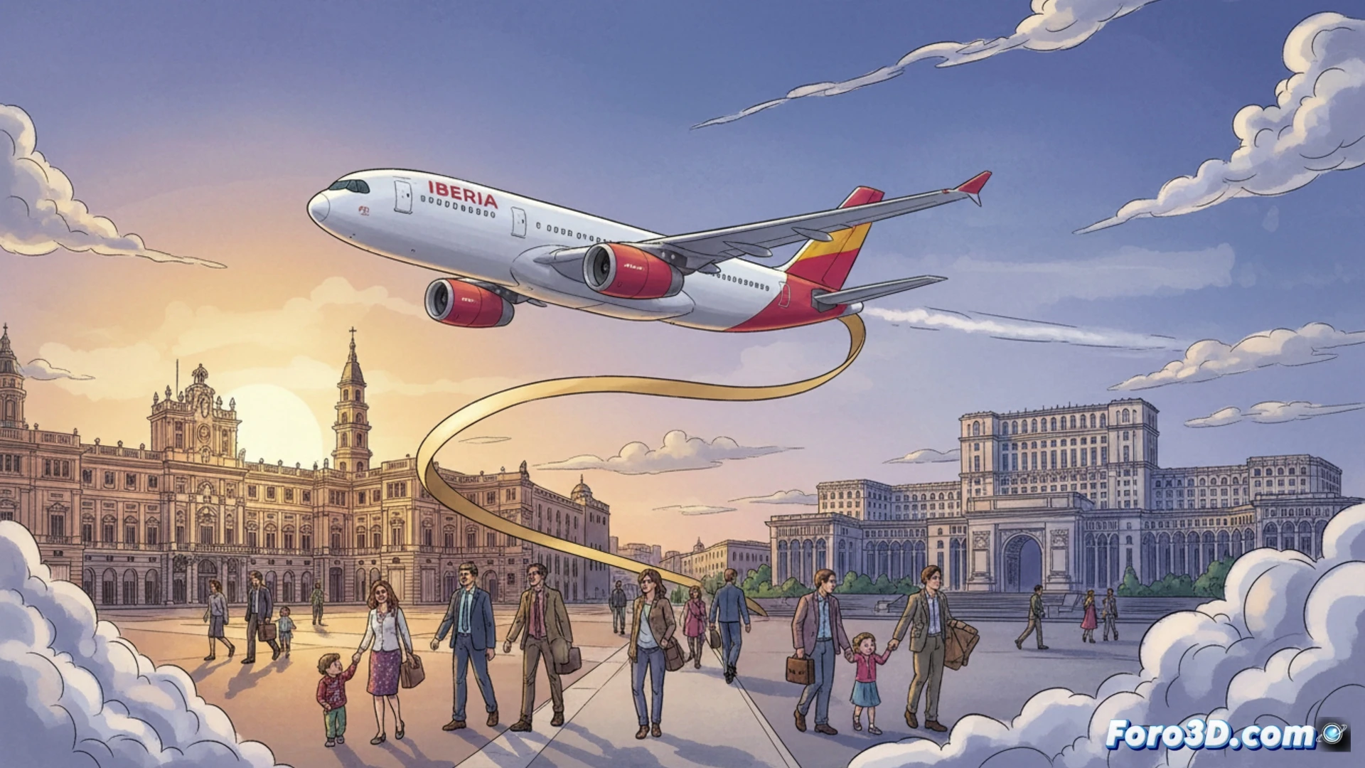 Iberia Airbus A320neo despegando del aeropuerto de Bucarest al amanecer, rueda de aterrizaje retrayéndose mientras el avión asciende sobre la pista, mapa de ruta digital proyectado en la cabina mostrando la trayectoría España-Rumanía con líneas de conexión brillantes, pantalla de radar meteorológico en el panel de instrumentos, torre de control al fondo, estela de condensación formándose en el cielo azul, cinematográfica iluminación dorada del amanecer, reflejos metálicos en el fuselaje, photorealistic aviation technical illustration, ultra-detailed aerodinámica y componentes del tren de aterrizaje.