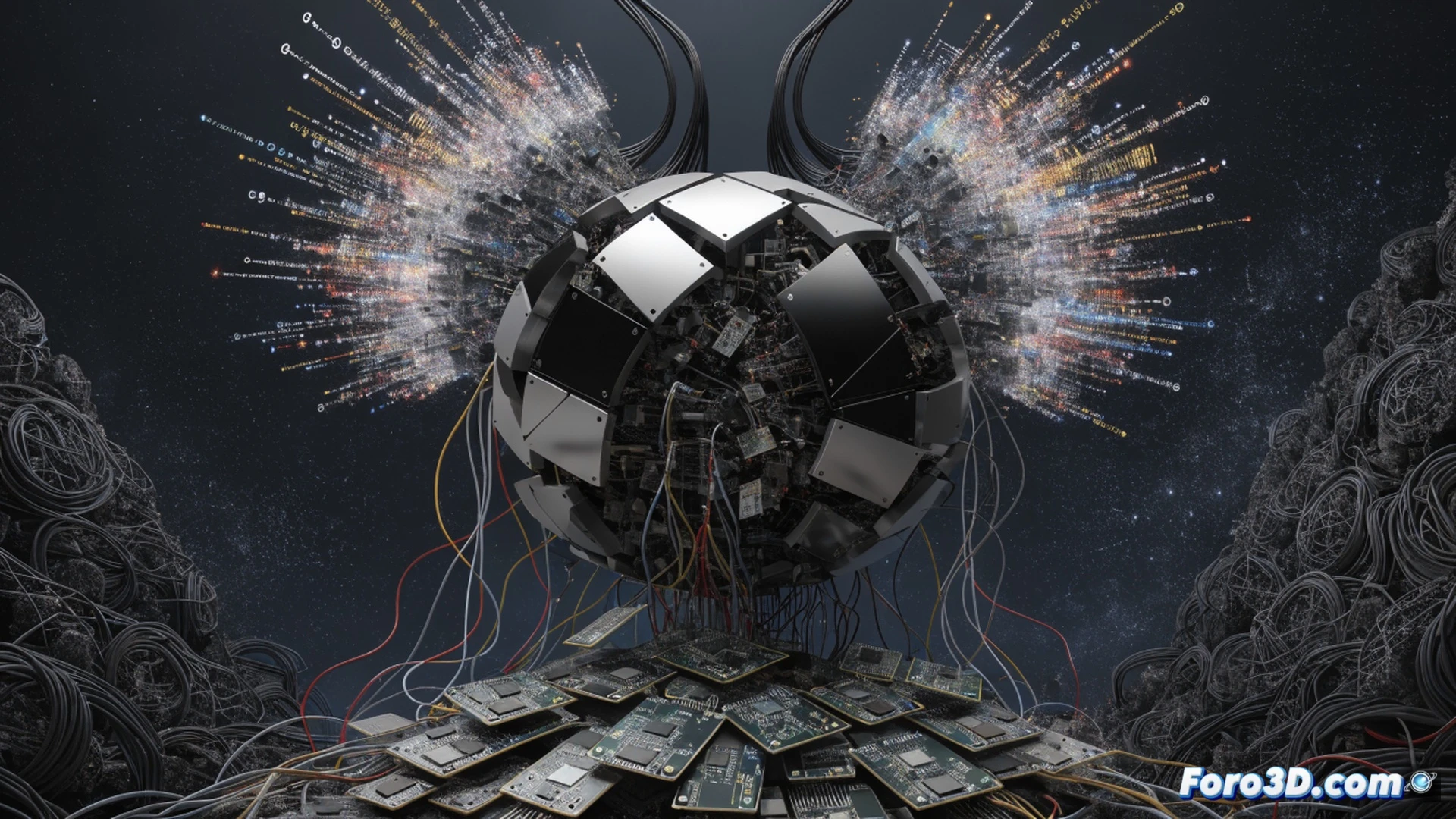 Ibex 35 stock ticker falling on digital display, red downward arrows over a glowing AI chip with cracked surface, circuit board traces turning from gold to black, a worried investor watching a shrinking pension fund graph on a tablet, oil barrel icon leaking beside a gas pump nozzle, cinematic financial visualization, dark blue trading floor atmosphere, dramatic spotlight on the collapsing tech sector, photorealistic technical illustration