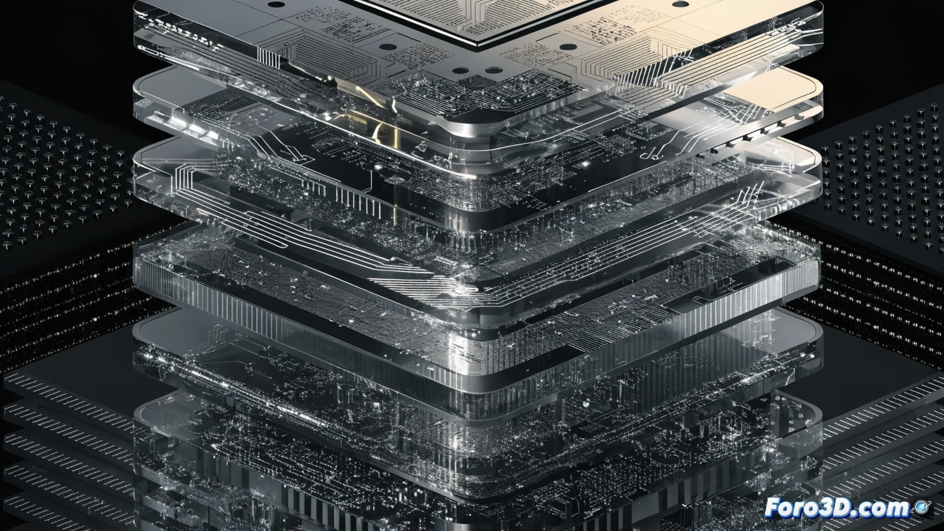 Two stacked silicon wafers being bonded by a precision robotic arm in a cleanroom, microscopic transistor layers glowing with blue and orange energy lines, electron microscope beam scanning the cross-section to reveal 100 billion transistor density, engineers monitoring holographic 3D data streams showing power efficiency gains, cinematic engineering visualization, ultra-detailed metallic surfaces, dramatic cool white industrial lighting, photorealistic technical render