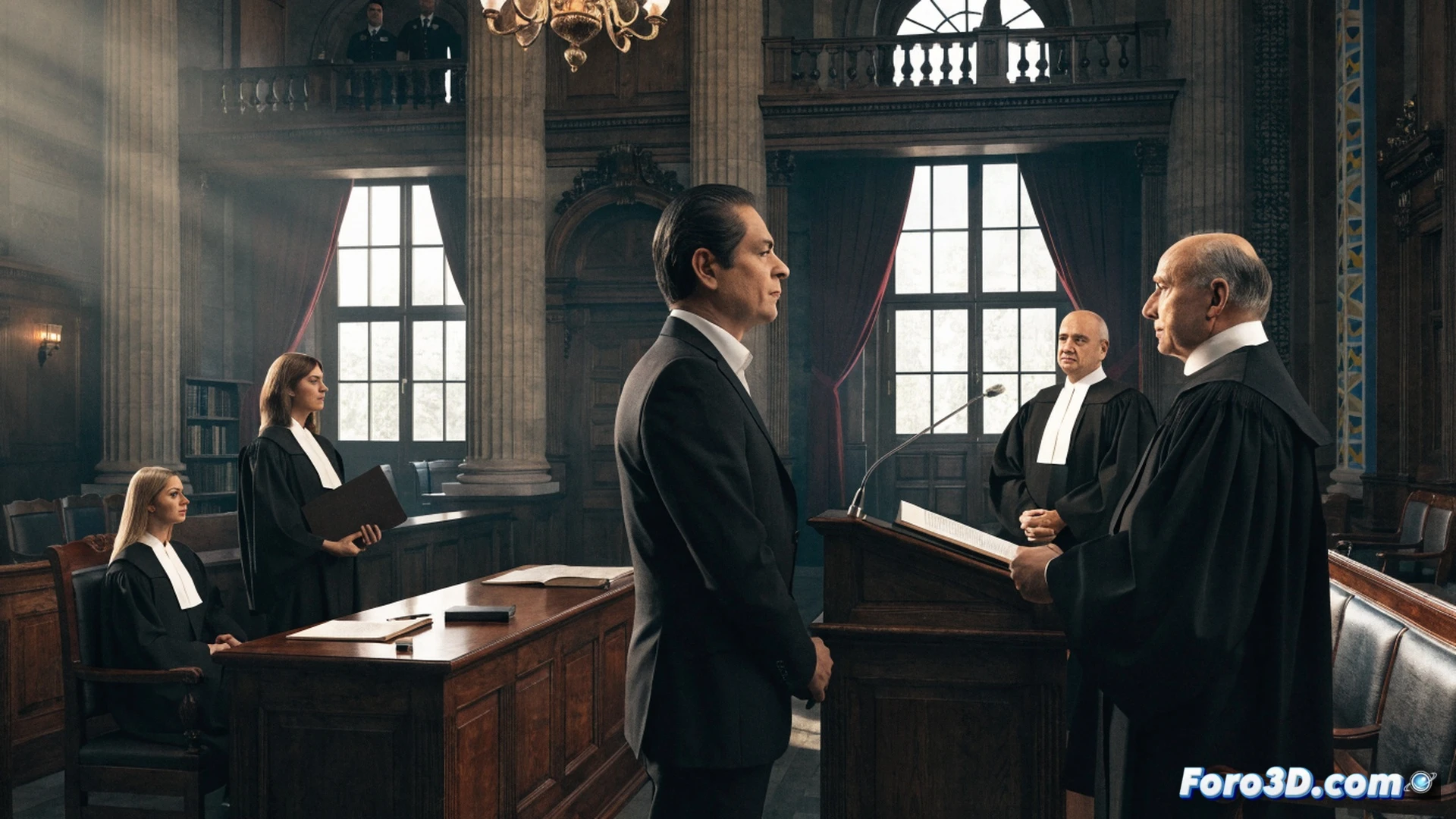 Imagen de un tribunal moderno con pantallas digitales flotantes mostrando documentos legales y sellos oficiales, un juez firmando electrónicamente en una tableta mientras un abogado entrega un dispositivo ICAM portátil, secretarios judiciales revisando expedientes en tiempo real con tablets, estanterías con códigos QR, proceso de validación biométrica en una terminal, estilo cinematográfico fotorrealista, iluminación suave de oficina gubernamental, colores azul y gris corporativos, profundidad de campo, texturas metálicas y de vidrio, representación técnica de flujo de trabajo judicial digital