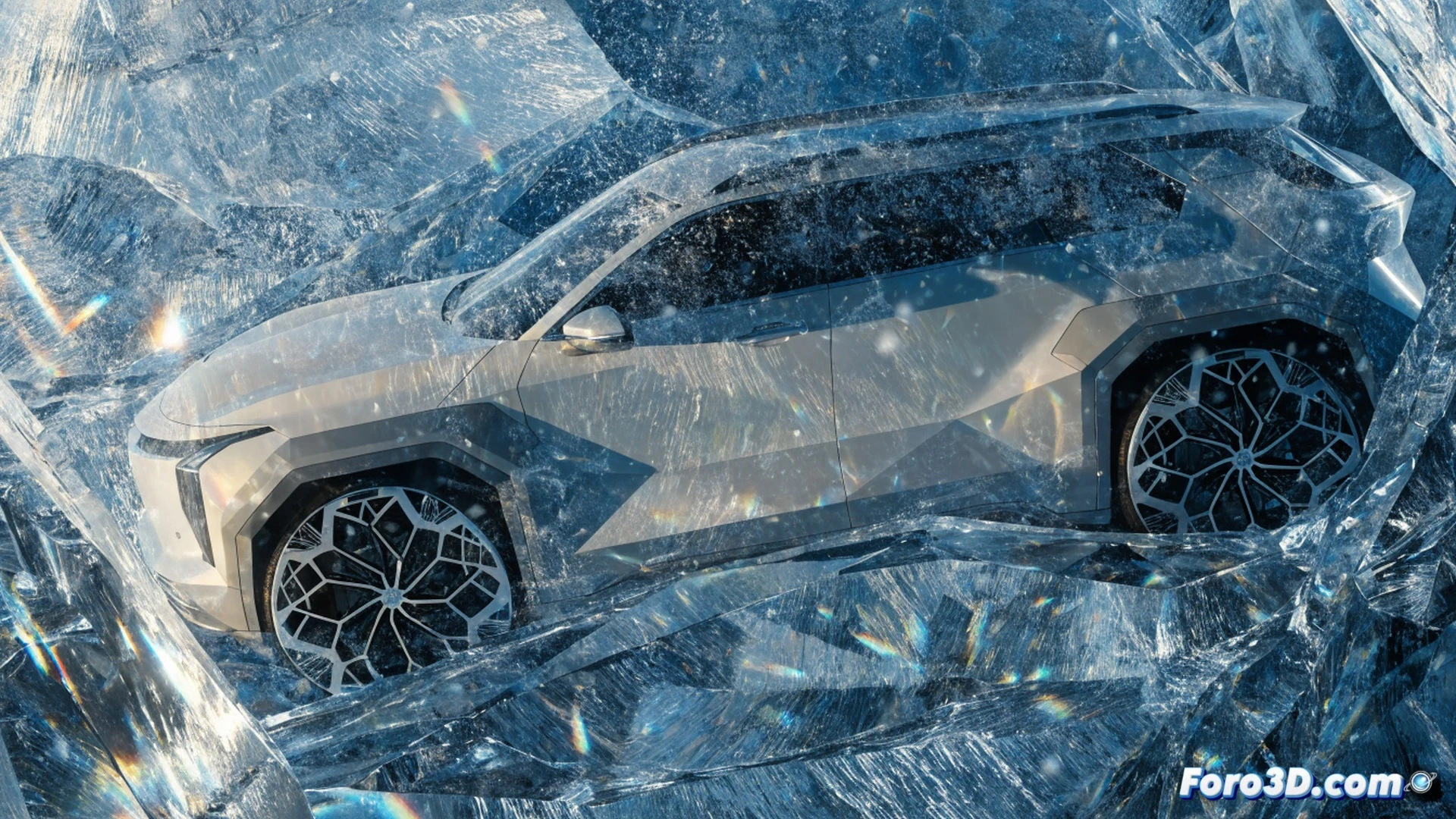 SUV ID Cross en cámara climática de pruebas de frío extremo, batería expuesta a -40 grados centígrados, cristales de hielo formándose sobre conectores metálicos, ingeniero con gafas protectoras y tableta industrial monitoreando datos de voltaje y temperatura en tiempo real, mientras un brazo robótico realiza ciclos de carga y descarga, cables de alta tensión conectados a la batería, condensación congelada en las superficies, diseño exterior del vehículo impecable pero estático, sin movimiento ni interacción humana, luces led frías azuladas, estilo cinematic photorealistic technical illustration, demostrando durabilidad técnica pero ausencia de calidez emocional, ultra-detailed mechanical components, dramatic industrial lighting