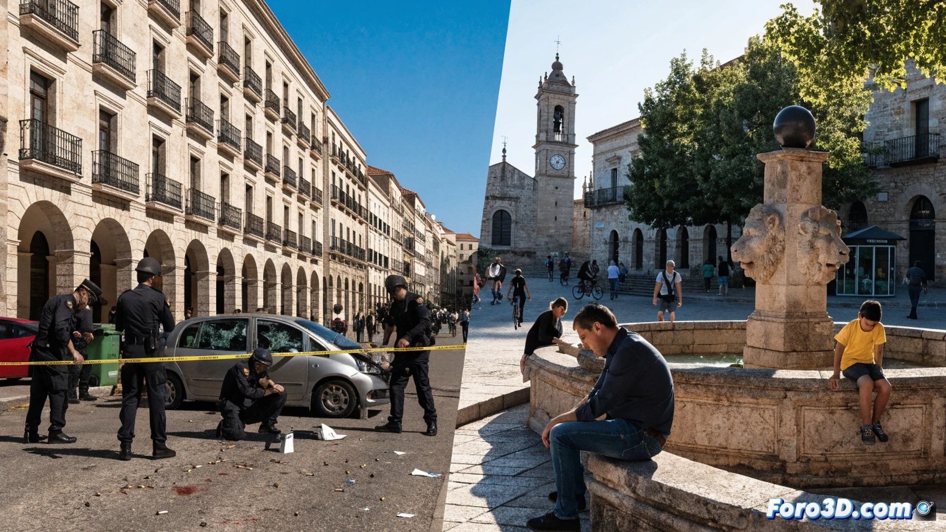 Guardia Civil officers examining evidence markers on a sunlit cobblestone street in Puertollano, forensic kit open on ground, digital tablet displaying suspect identification files, yellow numbered cones placed around shell casings, locals watching from a cafe terrace, calm afternoon atmosphere, cinematic photorealistic illustration, warm golden hour light, realistic textures on stone walls and metal street furniture, shallow depth of field, ultra-detailed uniforms and equipment