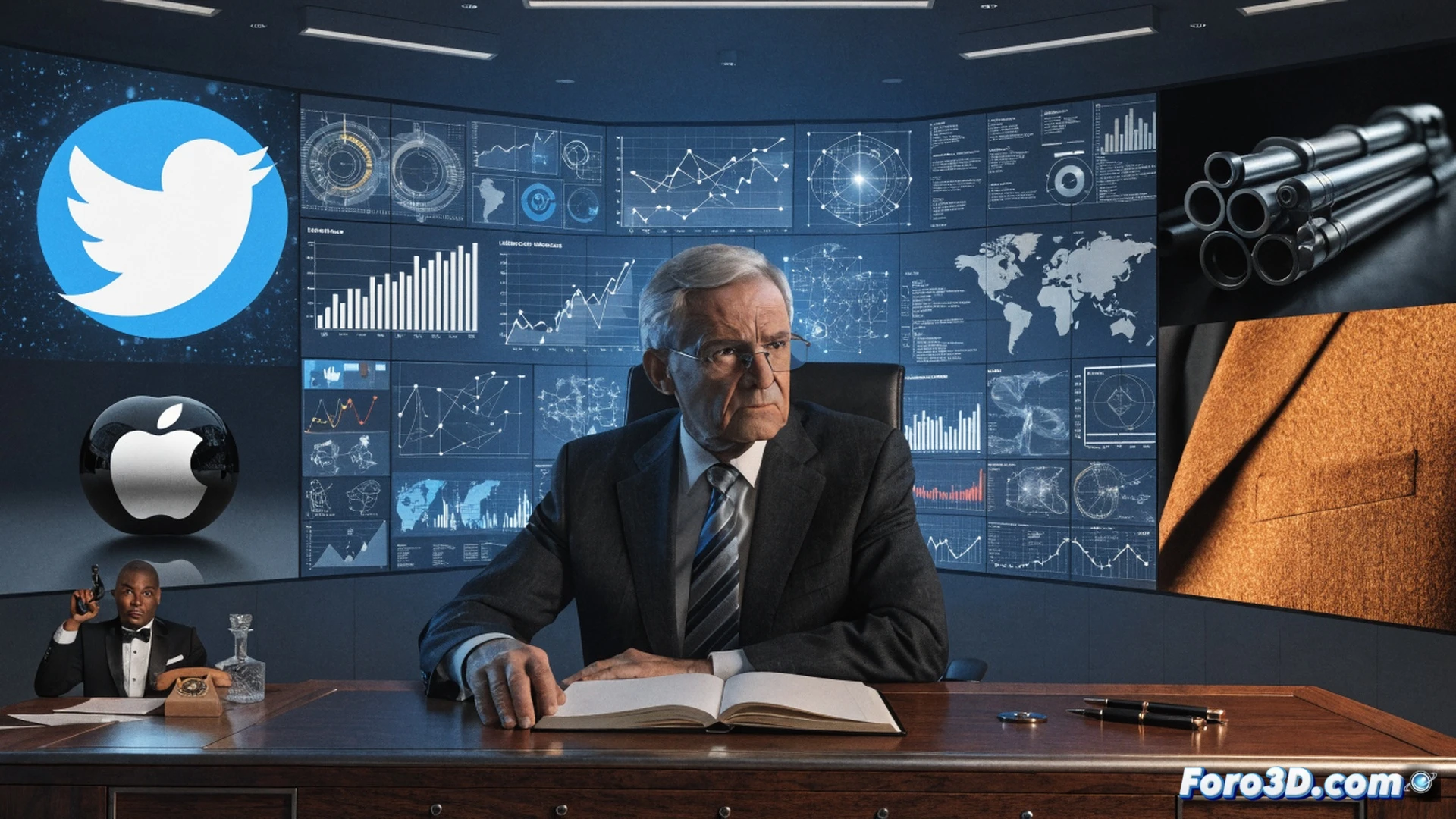 three oversized corporate documents floating in midair, each torn and fading, a glowing Twitter bird logo crumbling into pixels, an Apple logo cracking like glass, and a film reel labeled 007 unspooling into nothing, Bob Iger silhouette standing below with head down, hands empty, surrounded by drifting contract papers and broken handshake icons, cinematic business visualization, moody blue and gold lighting, photorealistic corporate atmosphere, floating financial charts with declining arrows, holographic merger timelines dissolving mid-process, dramatic shadows, ultra-detailed paper textures and metallic reflections