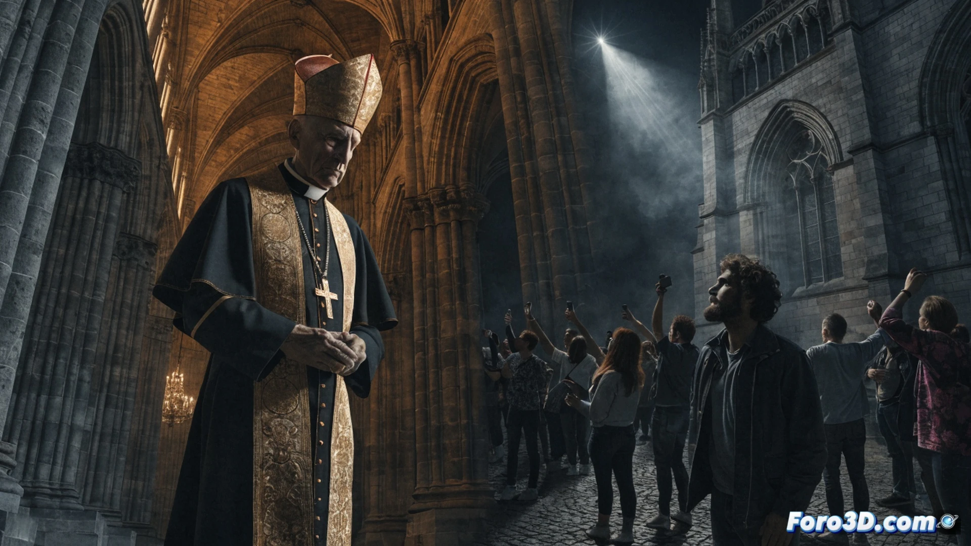 fachada de iglesia alemana en ruinas con puerta de archivo entreabierta mostrando cajas de documentos apiladas y polvorientas, un obispo de espaldas frente a un monitor de computadora con gráficos de transparencia y datos ocultos, mientras una multitud borrosa observa desde la distancia con brazos cruzados, estilo cinematográfico realista, iluminación sombría con contraluz de vitrales rotos, texturas de yeso descascarado y cables de hardware visibles, atmósfera de desconfianza y revelación técnica