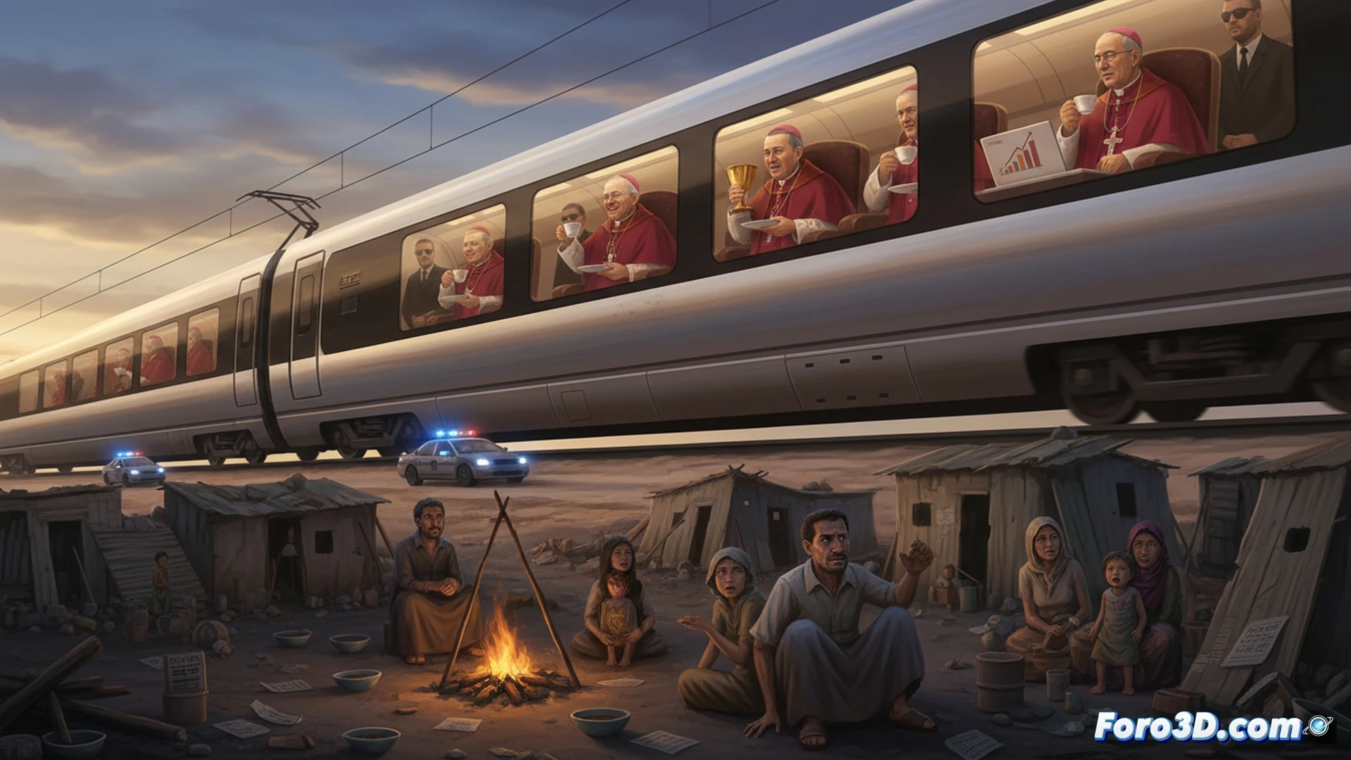 Cinematic photorealistic scene inside a luxury high-speed train carriage, bishops in ornate vestments seated in plush leather chairs sipping champagne, police escort visible through window with flashing lights, contrast with a blurred background of a struggling family loading empty grocery bags into a broken car at a rundown supermarket, golden chalices and fine tableware on polished wood table, technical rail system control panel glowing in foreground, dramatic chiaroscuro lighting highlighting wealth disparity, ultra-detailed textures, wide-angle lens emphasizing spatial contradiction