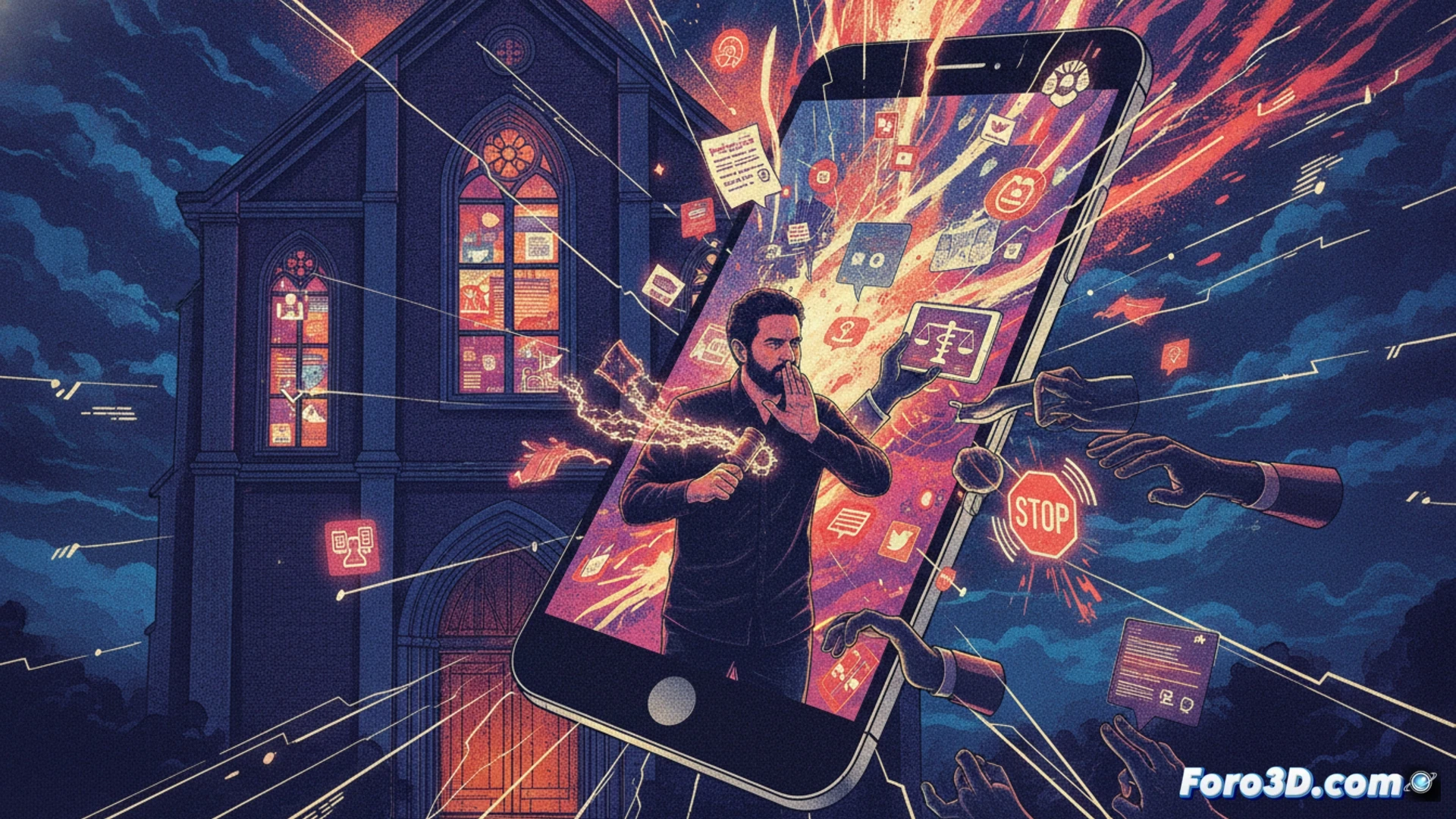 photorealistic cinematic scene showing a politician's smartphone screen shattered by a digital harassment lawsuit icon, broken glass fragments forming a paradox symbol, laptop with open legal documents in background, social media notifications flashing with red warning signs, hand reaching to block a camera lens, dark office lighting with dramatic shadows, metallic surfaces reflecting distorted political speech bubbles, ultra-detailed electronic components, motion blur on glowing digital harassment alerts, technical illustration style with forensic evidence markers