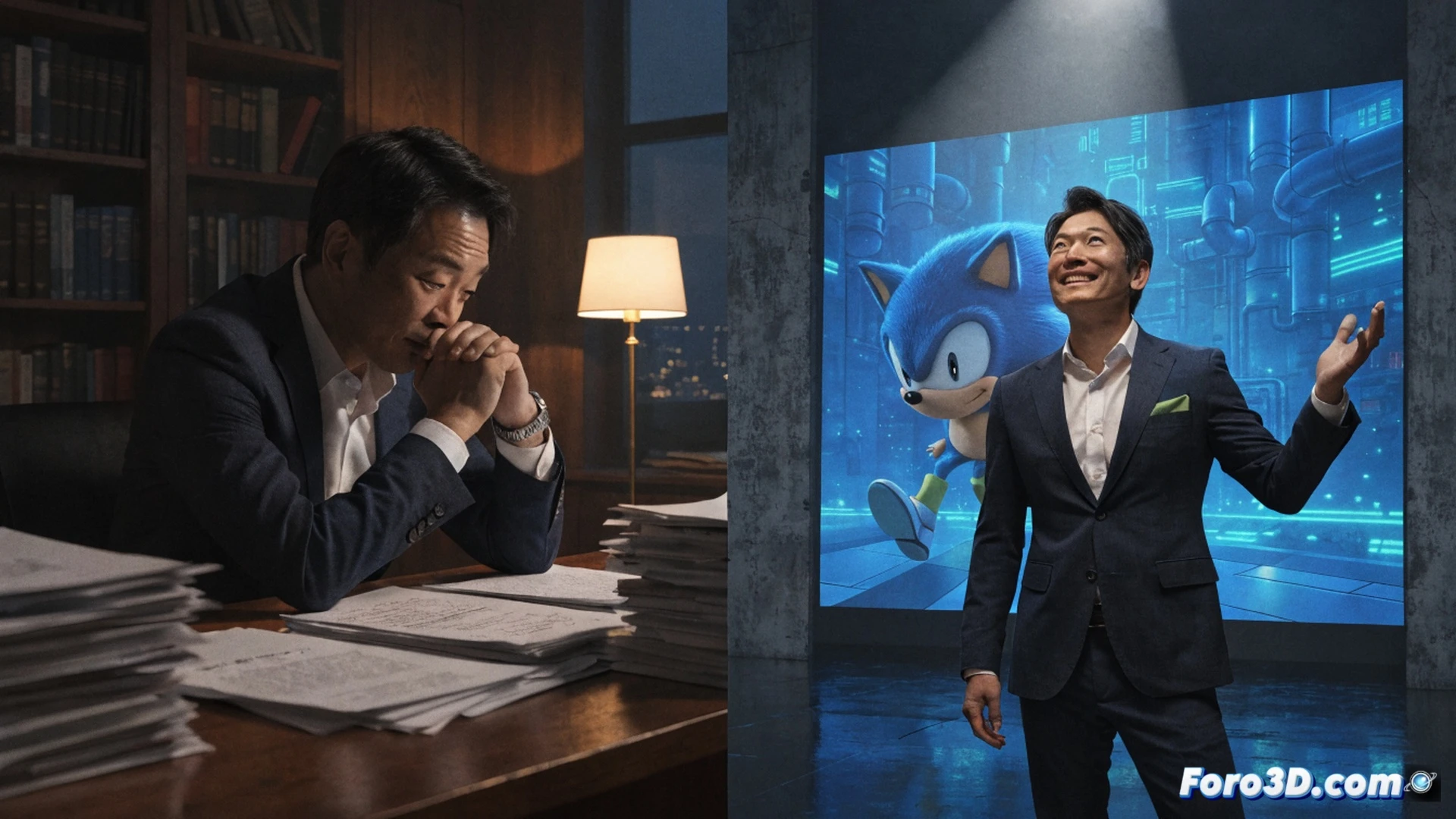 Takashi Iizuka en una sala de desarrollo iluminada por pantallas, manos apoyadas sobre una mesa con bocetos de Sonic y un control de Xbox, mientras al fondo un monitor muestra un modelo 3D de Sonic en proceso de animación, con niños y adultos reflejados en la pantalla como siluetas superpuestas, engranajes y cables visibles en las estaciones de trabajo, estilo cinematográfico fotorrealista, iluminación cálida de estudio, enfoque nítido en su rostro concentrado, atmósfera de presión creativa y compromiso familiar.