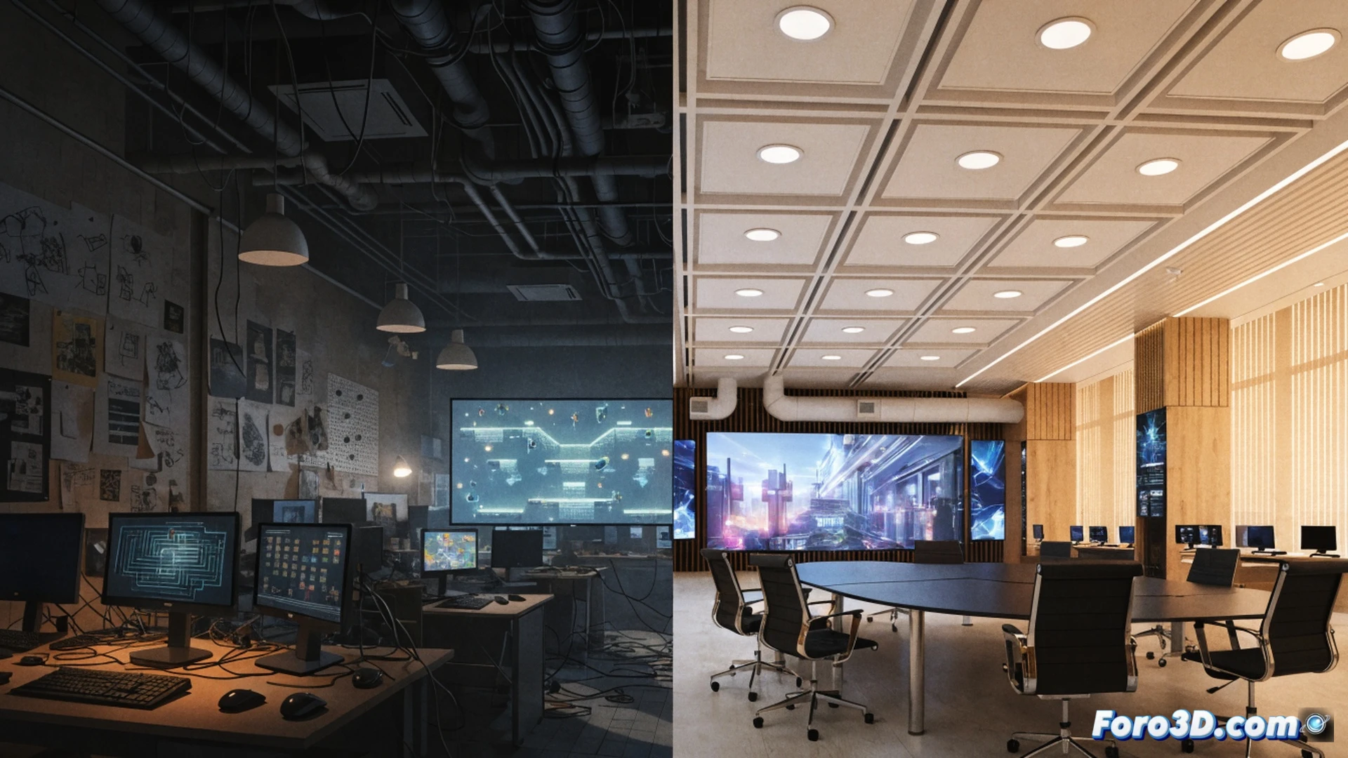 two game development teams working side by side, left side shows indie developers using minimal hardware like a single laptop and tablet, rapidly sketching pixel art and coding on a small screen, right side shows a large corporate team surrounded by multiple monitors, server racks, and complex motion capture equipment, a glowing graph in the center shows indie release timeline arrow moving fast while corporate timeline arrow moves slowly, cinematic technical illustration style, dramatic split lighting, warm amber glow on indie side, cool blue light on corporate side, photorealistic render, clean engineering visualization, action of comparing efficiency, demonstrating process contrast