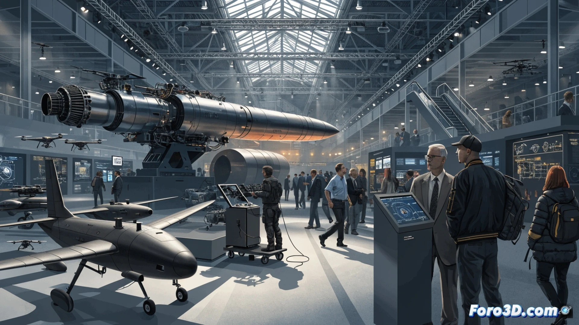German military trade show exhibition hall, defense contractors presenting a sleek black combat drone suspended from ceiling, engineers in business attire pointing at holographic missile trajectory display, automotive industry badge visible on one visitor s lapel, crowd gathered around a ground-based air defense system with rotating radar array, giant LED screen showing budget figures in bar graphs, photorealistic engineering visualization, metallic surfaces reflecting exhibition lights, cool blue and amber accent lighting, wide-angle perspective capturing scale of technology expo, cinematic industrial atmosphere, ultra-detailed mechanical components, subtle motion blur from rotating radar dish