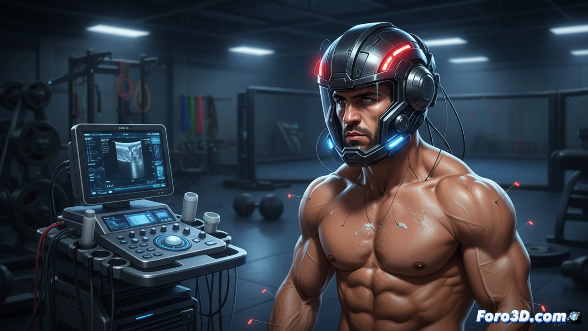 fighter wearing futuristic neurostimulation helmet with infrared LED array on temples, ultrasound-guided acupuncture needles inserted into trapezius and deltoid muscles, holographic brain activity scan floating beside head showing focused beta waves, red infrared light beams penetrating shoulder tissue, real-time recovery data projected on transparent screen, gym setting with heavy bag in background, cinematic photorealistic technical visualization, dramatic blue-red lighting contrast, muscle fiber detail visible under semi-transparent skin effect, medical device aesthetic, sweat droplets on skin, intense focused expression, hyperdetailed equipment textures