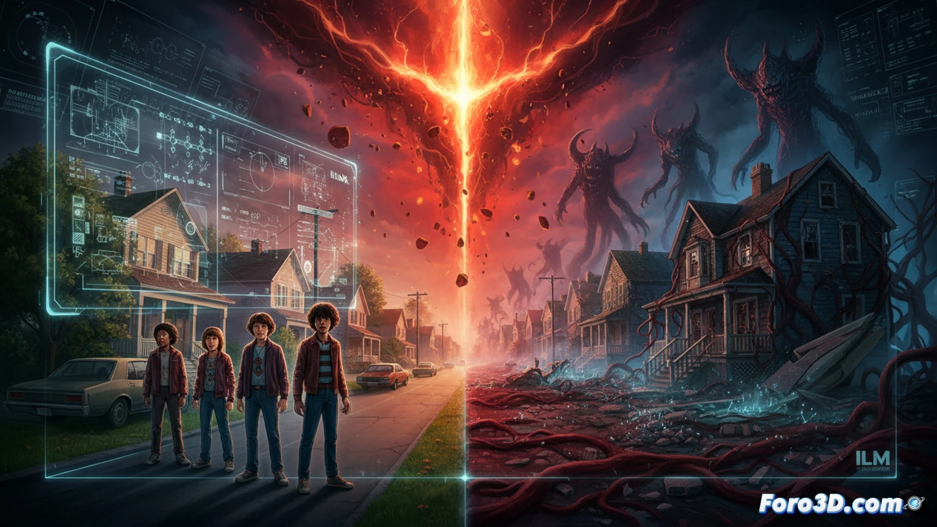 Industrial Light & Magic crew working on Stranger Things final season digital environment, showing a 3D artist manipulating a holographic interface displaying Hawkins town destruction in the Upside Down, floating wireframe buildings collapsing, particle systems emitting red and black debris, real-time rendering software reflected on monitor screens, photorealistic cinematic technical illustration, dynamic action of digital integration process, glowing grid lines connecting practical footage to CGI elements, dramatic blue and orange lighting, ultra-detailed workstation with stylus and keyboard, immersive sci-fi production atmosphere