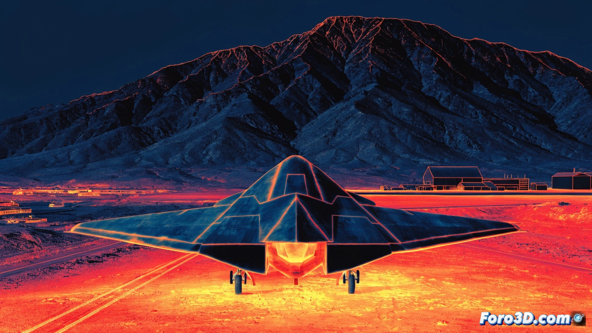 Stealth aircraft with angular faceted silhouette flying low over desert at dusk, heat distortion waves rippling from engine exhaust, ground-based thermal imaging camera equipment mounted on tripod in foreground, display screen showing infrared signature patterns, military analysts in tactical gear observing data, cinematic photorealistic technical visualization, dramatic sunset lighting casting long shadows, dust particles illuminated in low-angle light, ultra-detailed metallic surface textures with rivets and panel lines, realistic atmospheric haze, high-contrast thermal glow effects, engineering illustration style