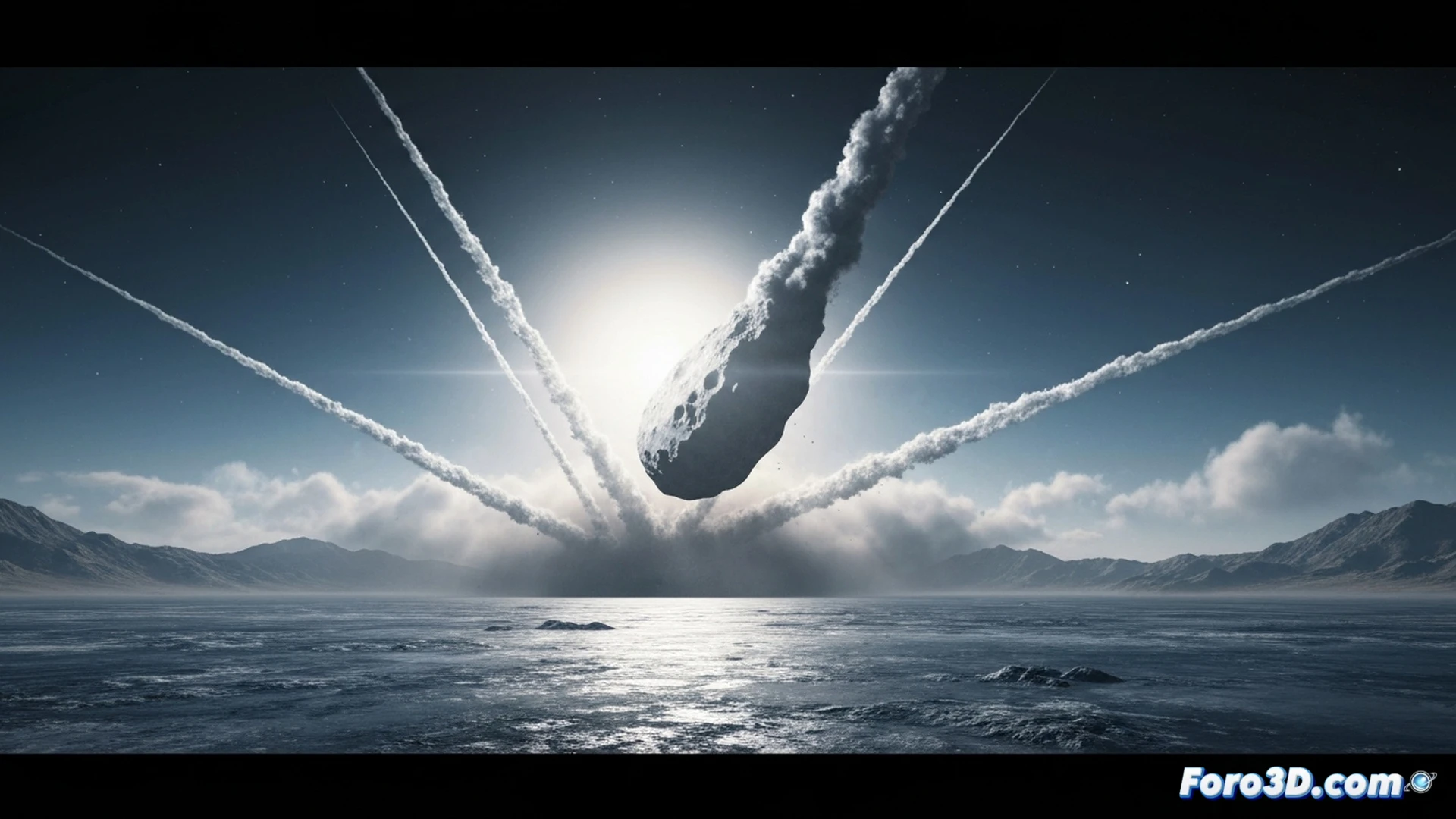 Asteroid grazing Earth upper atmosphere, extreme friction heating air to plasma, massive shockwave rings expanding outward while fireball streaks across horizon, debris and ash plume rising into stratosphere, sun being obscured by darkening sky, cold blue-grey light, cinematic photorealistic engineering visualization, dramatic atmospheric perspective, glowing orange plasma trails, particle trajectories highlighted with luminous lines, detailed cloud layers being disrupted, ultra-realistic cosmic scale, intense contrast between fire and ice, technical disaster render