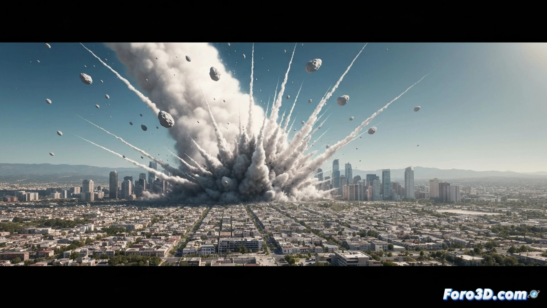 cinematic wide shot of a modern city skyline at dusk, a massive asteroid streaking diagonally across the sky seconds before impact, shockwave front already visible as a translucent white dome expanding over skyscrapers, buildings beginning to crumble at the edges, bridge cables snapping under pressure, dust cloud rising in layered waves, motion blur on falling debris, photorealistic technical illustration, dramatic orange and grey lighting, ultra-detailed urban infrastructure, destruction in progress, high contrast atmospheric perspective