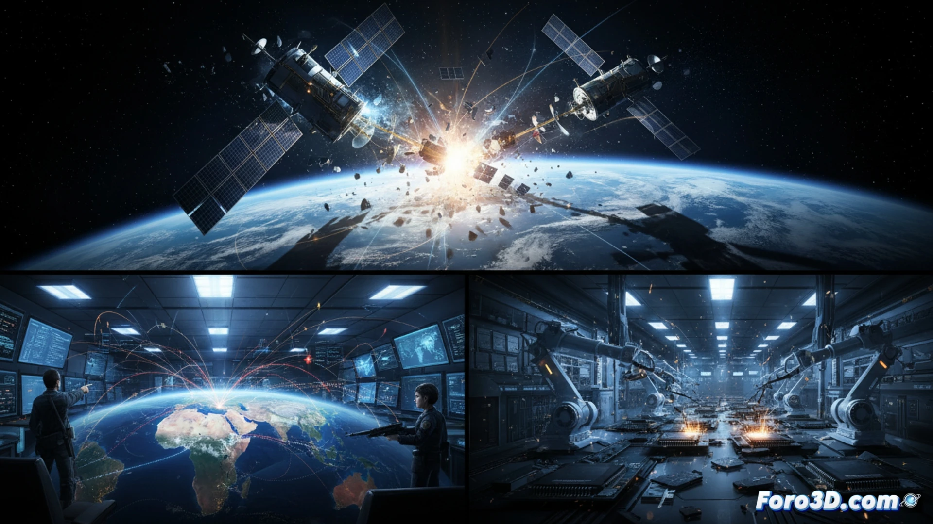 Satélites orbitando Tierra con escombros espaciales visibles, simbolizando vulnerabilidad estratégica global