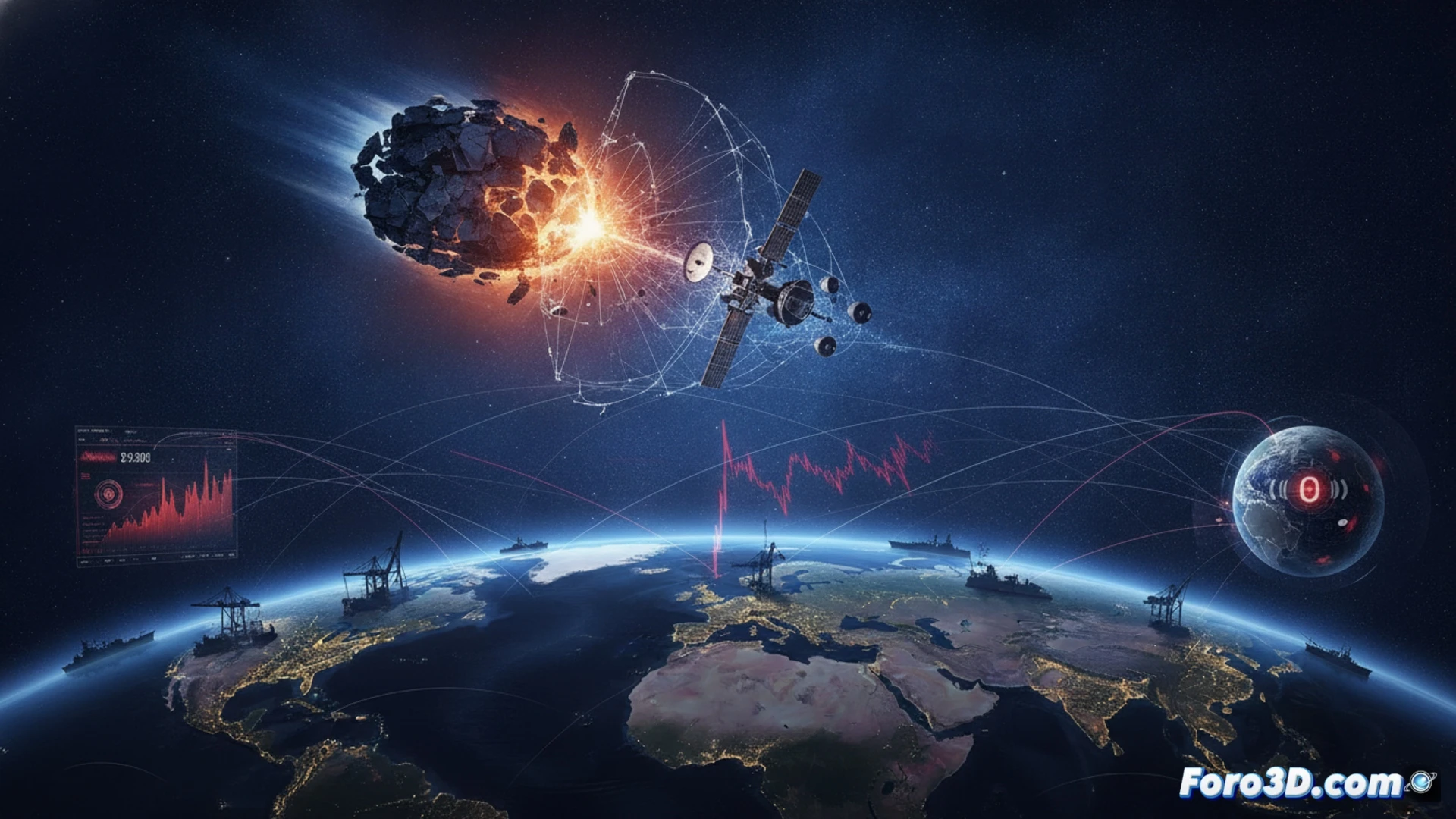 Simulación 3D de colisión orbital en LEO con escombros impactando rutas de navegación y puertos terrestres