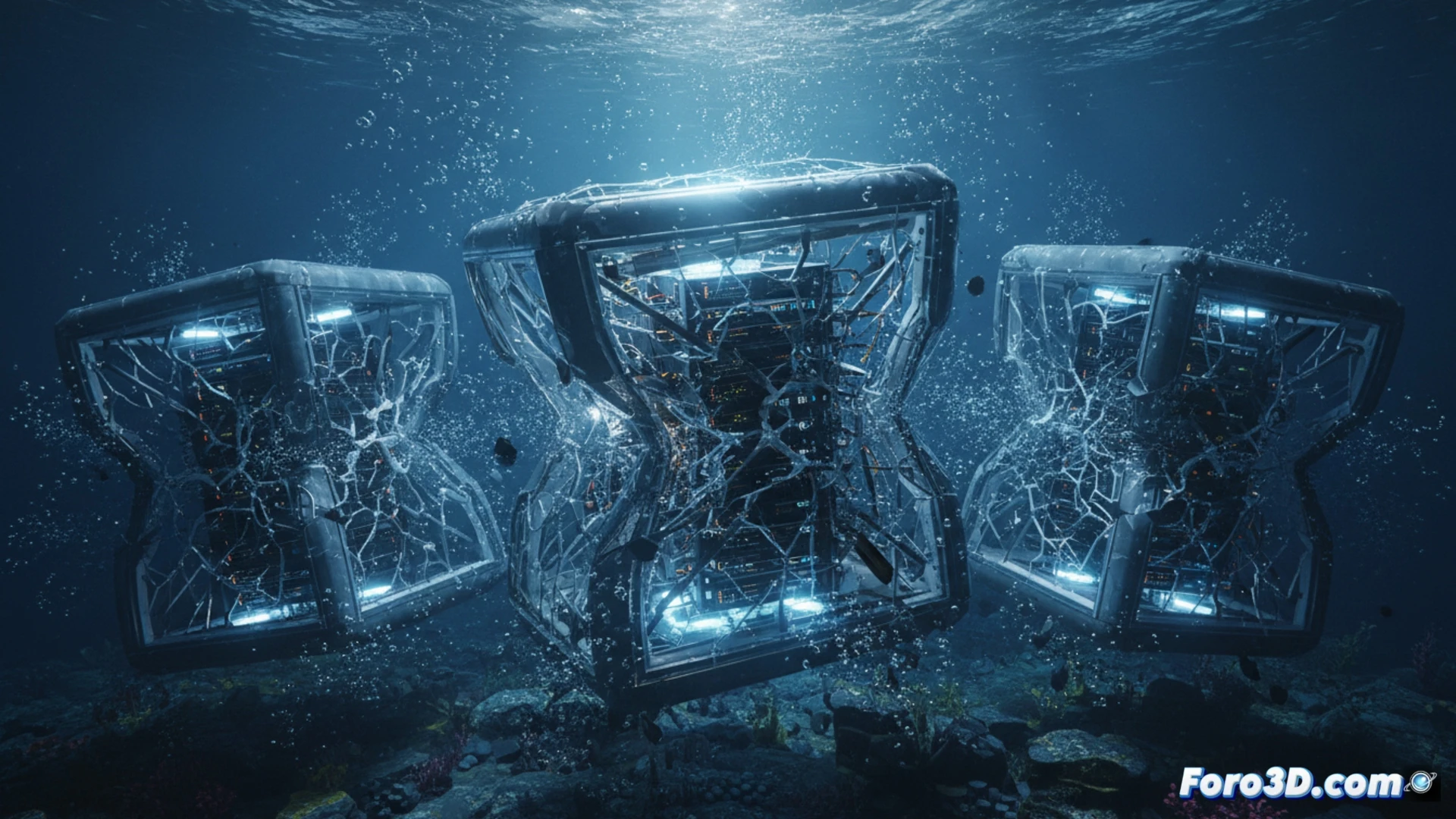 Simulación 3D de la implosión de un servidor acuático por presión hidrostática, mostrando el colapso estructural del centro de datos submarino.