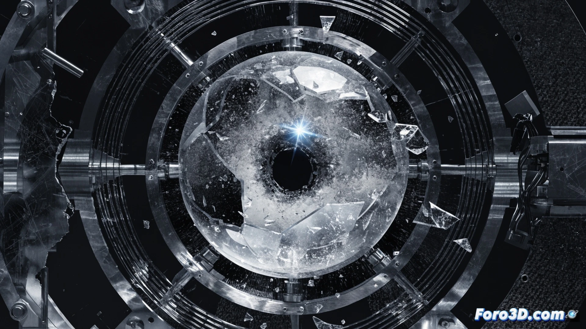 Submarine neutrino telescope optical module imploding, spherical borosilicate glass sphere cracking from a micro-fracture, water rushing inward through the fissure, glass shards and internal electronics collapsing, photomultiplier tubes shattering, adjacent modules showing stress fractures, deep ocean darkness with artificial inspection lights, robotic maintenance arm retracting, bubbles and debris swirling, photorealistic engineering visualization, dramatic underwater lighting, hyper-detailed glass fracture patterns, high-speed implosion freeze-frame, technical illustration style